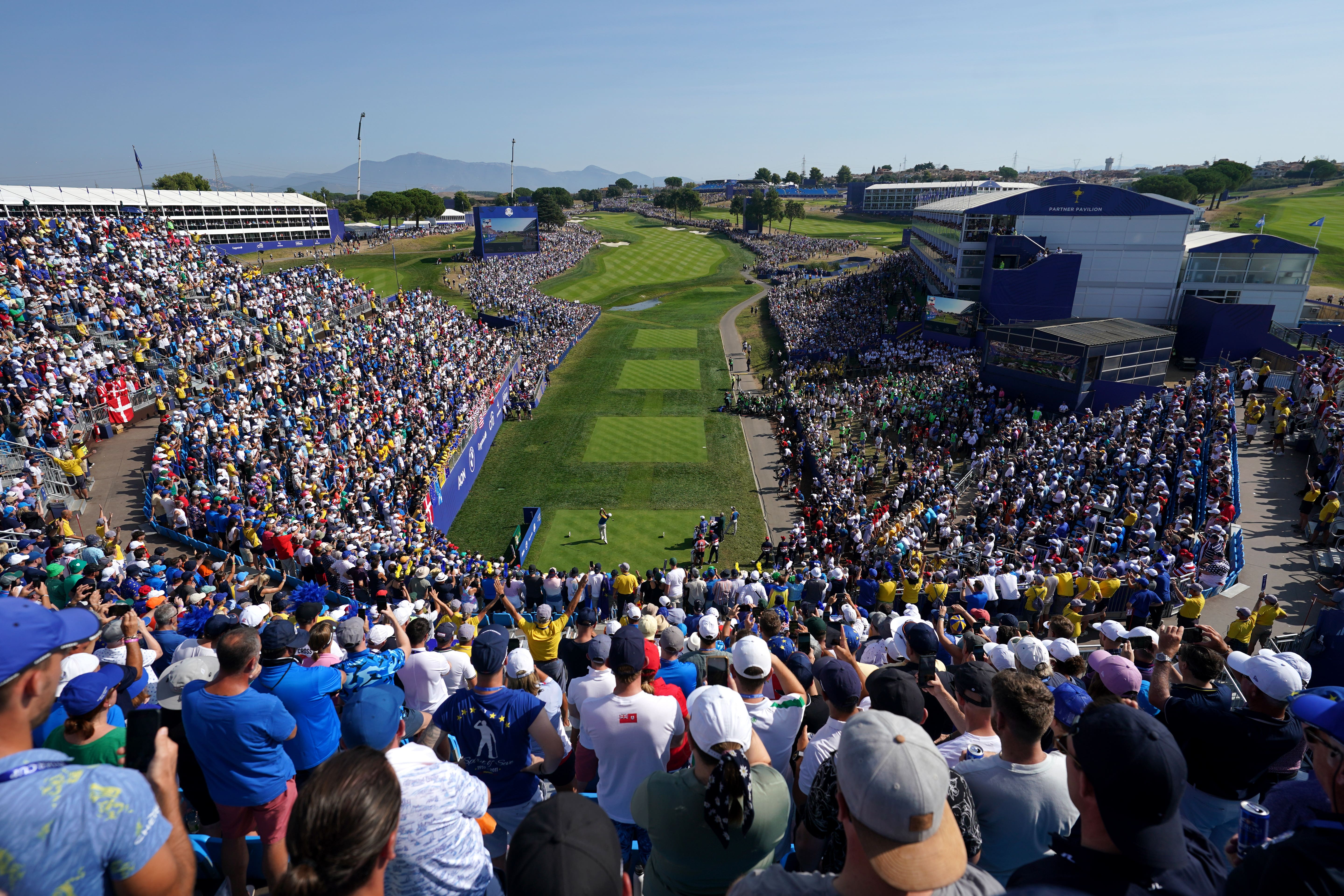 Europe’s Jon Rahm tees off the 1st during his singles match on day three of the 44th Ryder Cup (David Davies/PA)