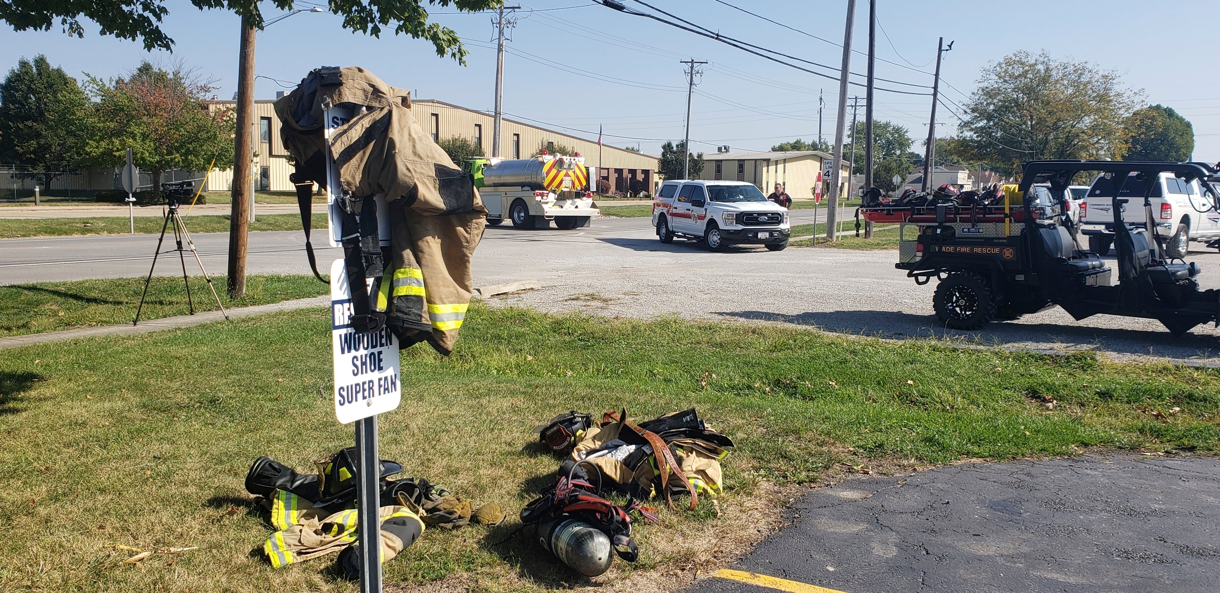 Emergency responders set up a staging area near Teutopolis High School on Saturday, Sept. 30, 2023, in Teutopolis, Illinois