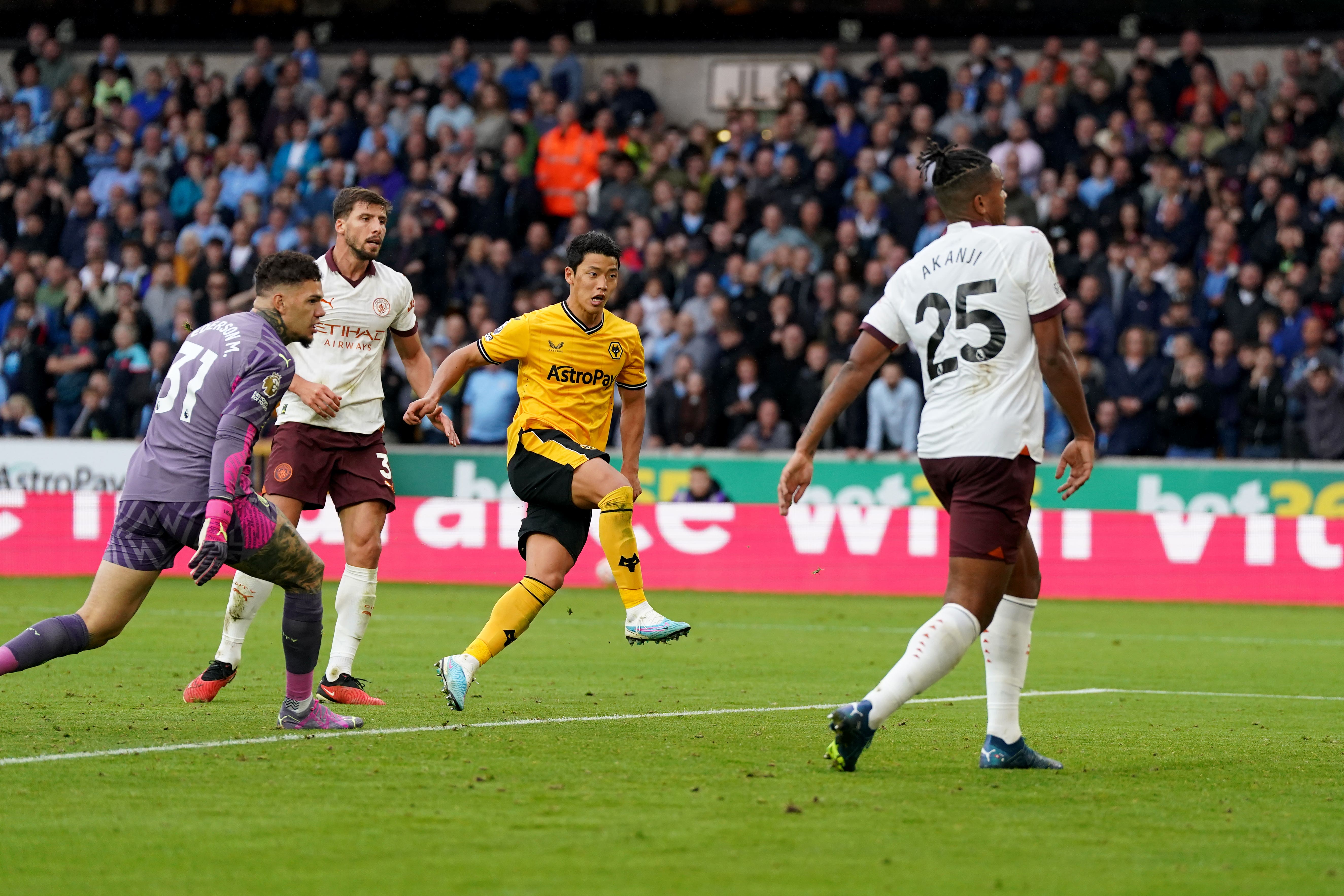 Wolves’ Hwang Hee-chan scores the winner against Manchester City (Nick Potts/PA)