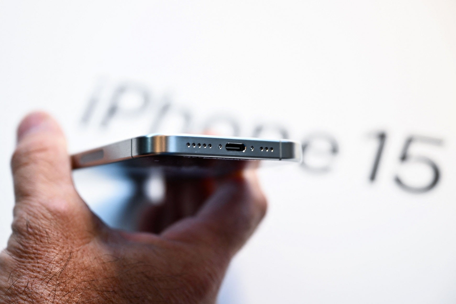 An Apple iPhone 15 at The Grove Apple retail store on release day in Los Angeles, California, on 22 September, 2023