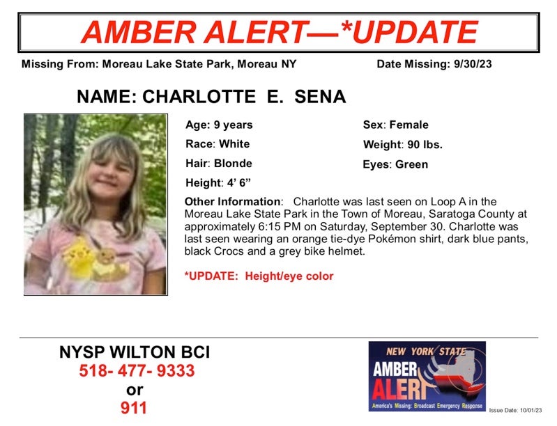 Missing poster for Charlotte Sena, who vanished on Saturday evening at Moreau Lake State Park