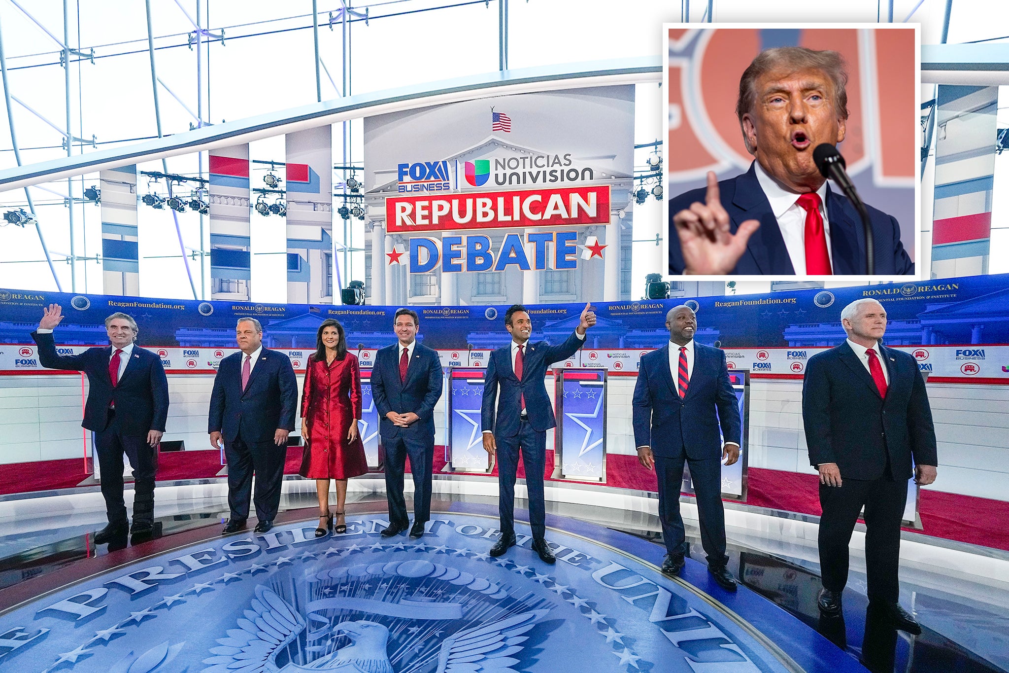 From left: Republican presidential candidates North Dakota Gov. Doug Burgum, former New Jersey Gov. Chris Christie, former U.N. Ambassador Nikki Haley, Florida Gov. Ron DeSantis, entrepreneur Vivek Ramaswamy, Sen. Tim Scott, R-S.C., and former Vice President Mike Pence, at the Republican presidential primary debate on Sept. 27, 2023. Inset, former president Donald Trump