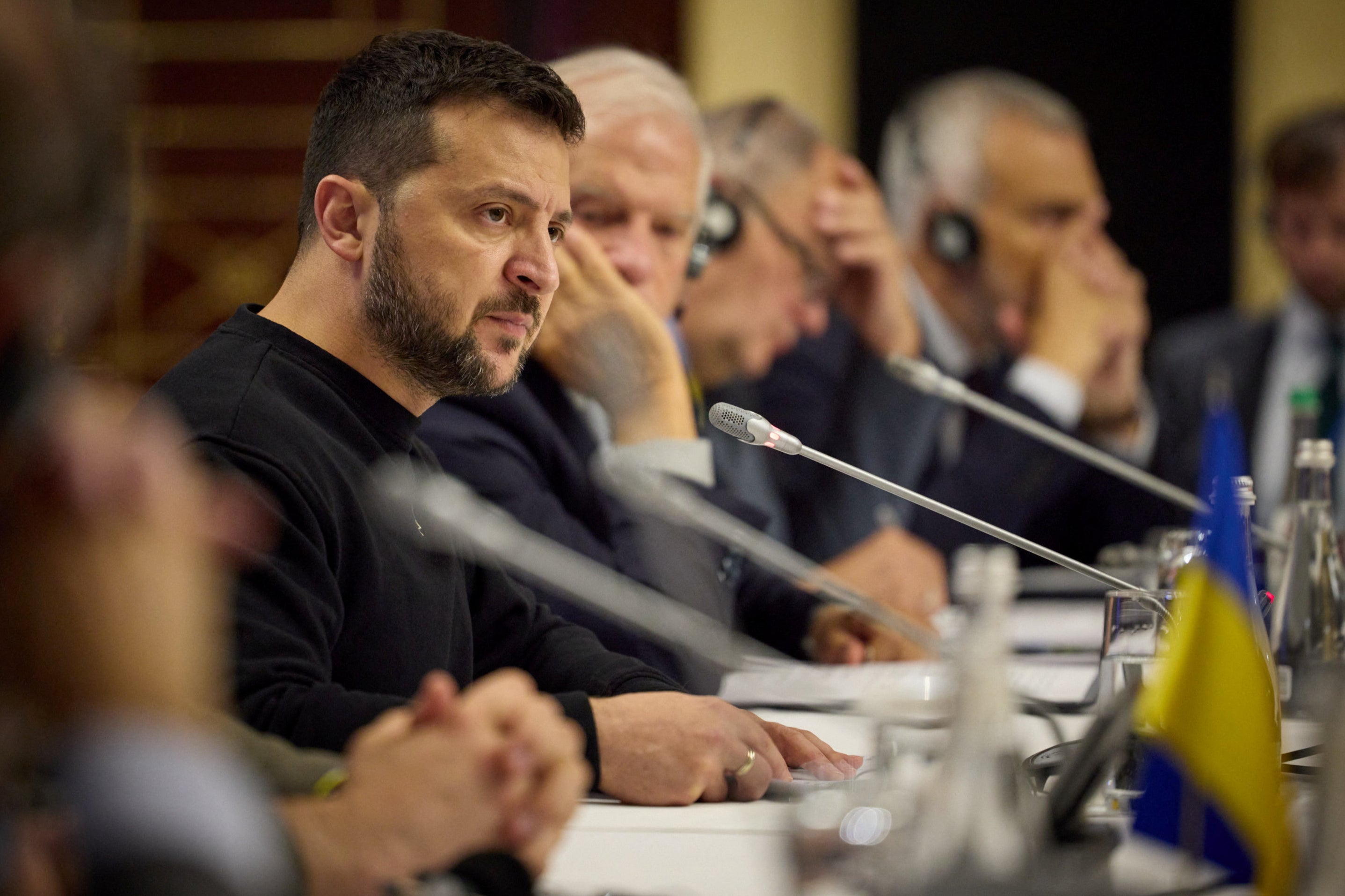 Ukraine’s President Volodymyr Zelensky speaks during a EU-Ukraine foreign ministers meeting in Kyiv