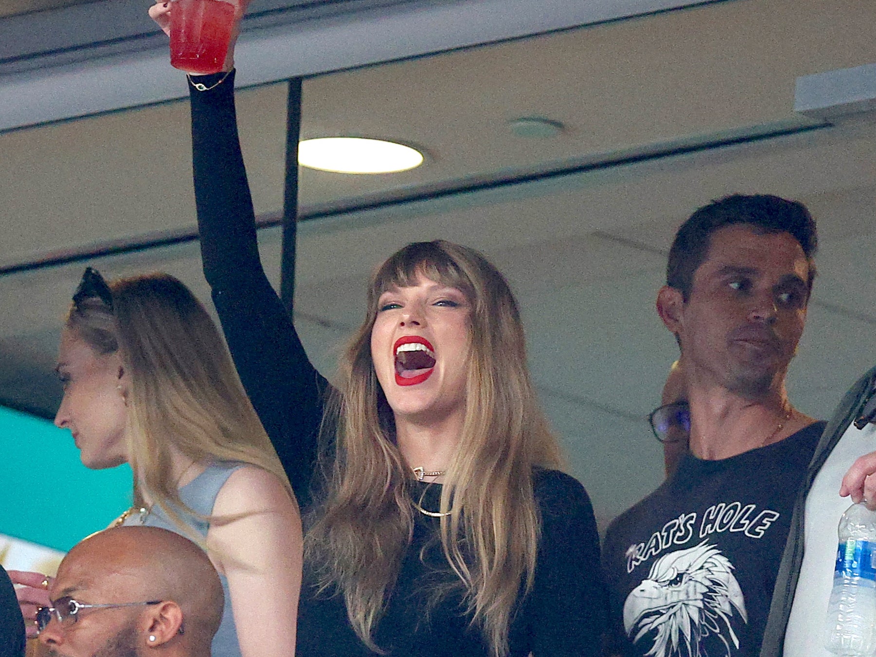 Singer Taylor Swift cheers prior to the game between the Kansas City Chiefs and the New York Jets at MetLife Stadium on 1 October