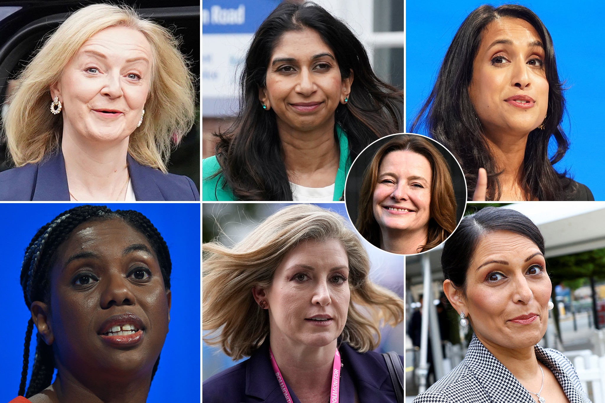 The contestants already out on manoeuvres are (L-R): Kemi Badenoch, Liz Truss, Suella Braverman, Clare Coutinho, Gillian Keegan (inset), Priti Patel, Penny Mordaunt