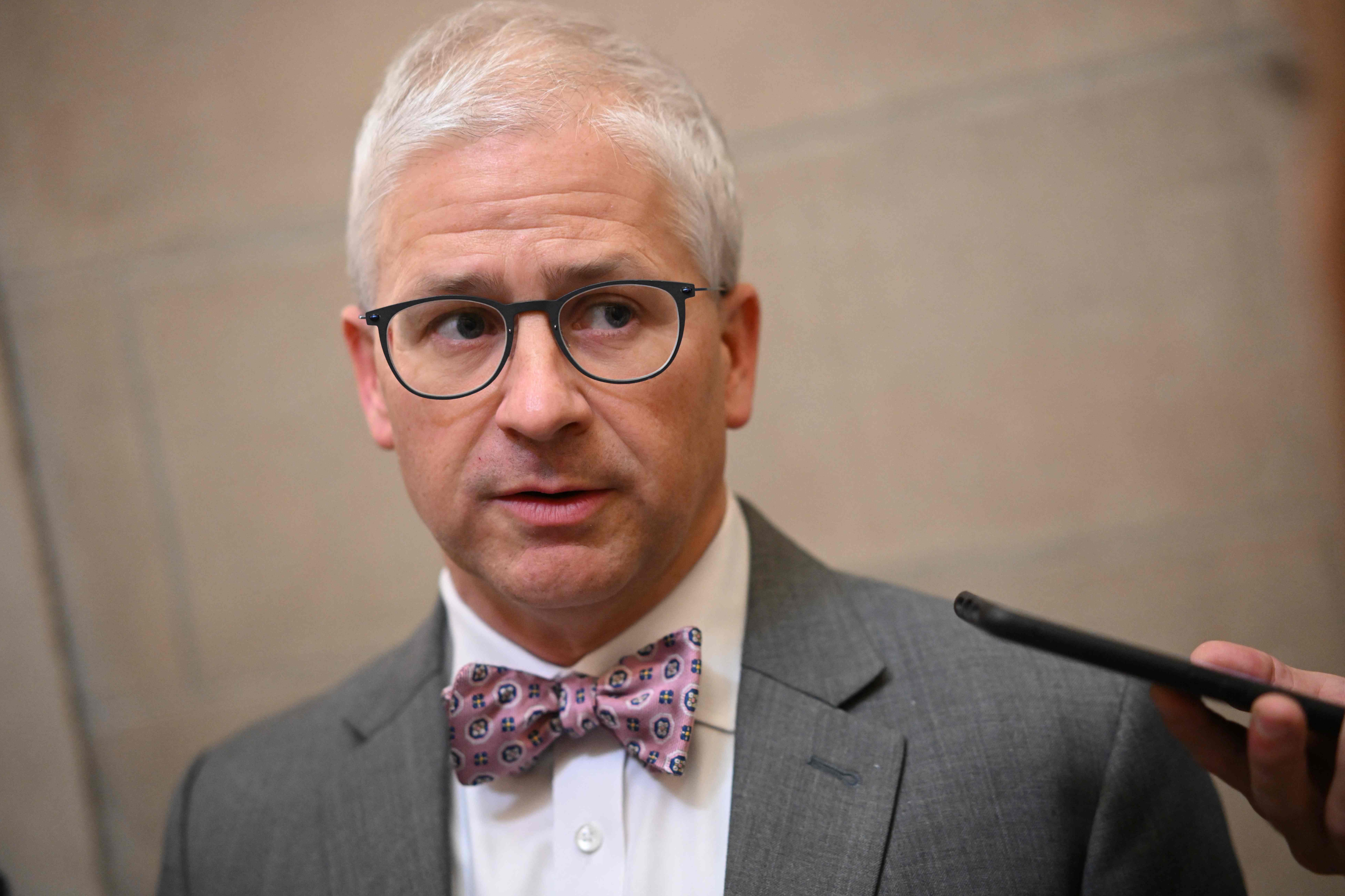 US Representative Patrick McHenry (R-NC) speaks to members of the media outside the office of US House Speaker Kevin McCarthy (R-CA), at the US Capitol in Washington, DC, on 3 October 2023