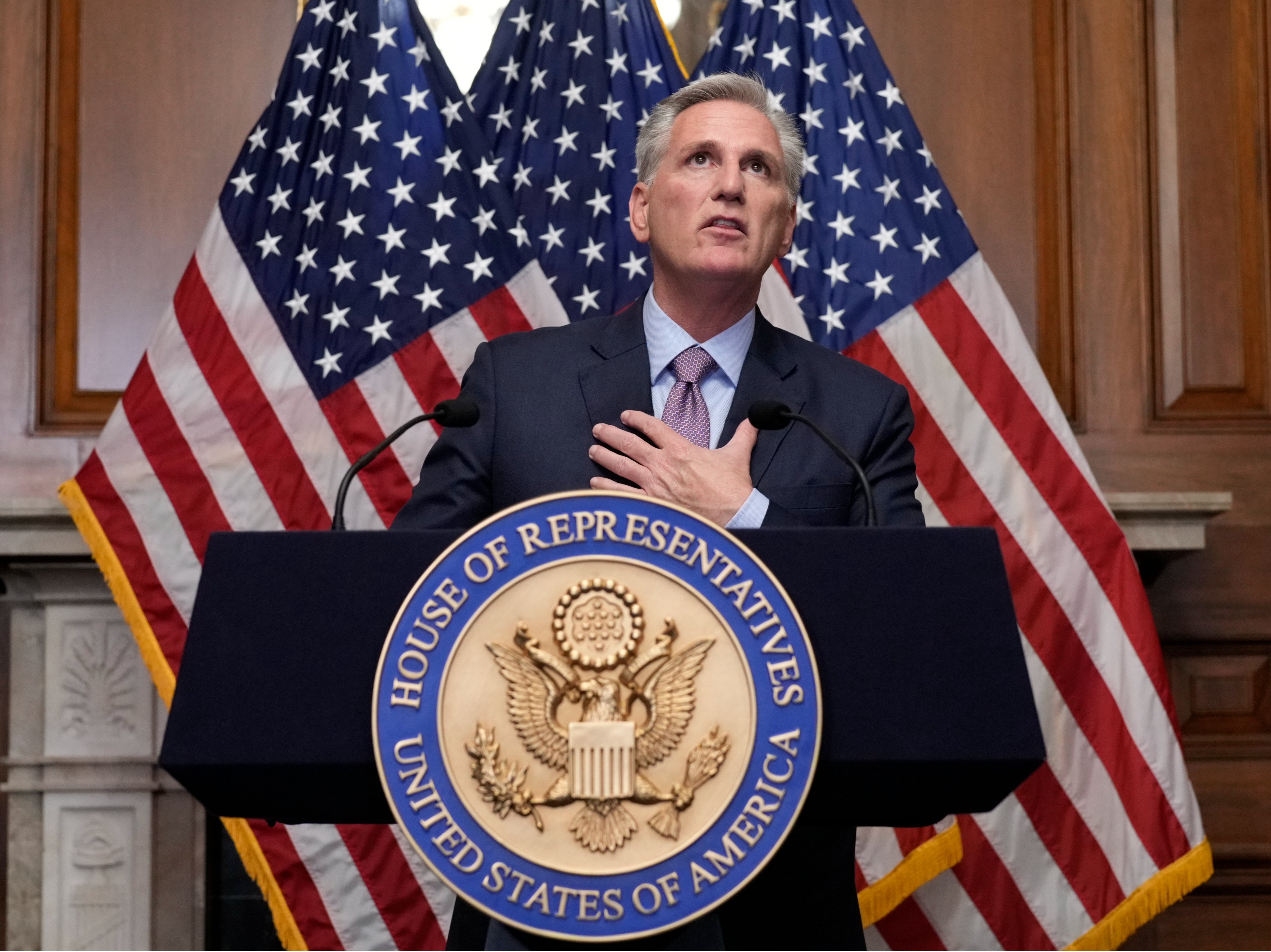 Rep. Kevin McCarthy, R-Calif., speaks to reporters hours after he was ousted as Speaker of the House