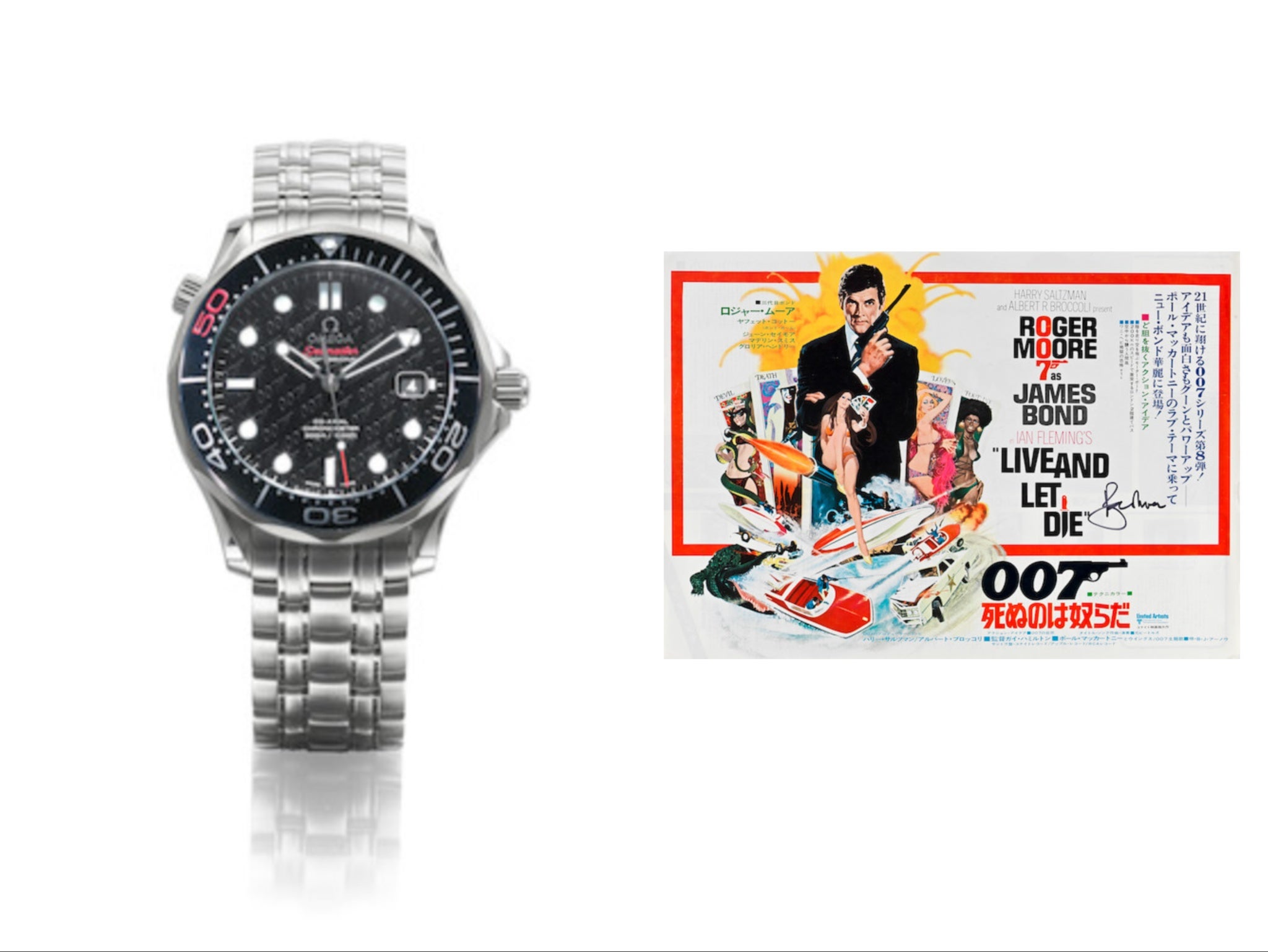 An Omega “50 Years of 007” limited edition watch and signed Bond posters will be auctioned