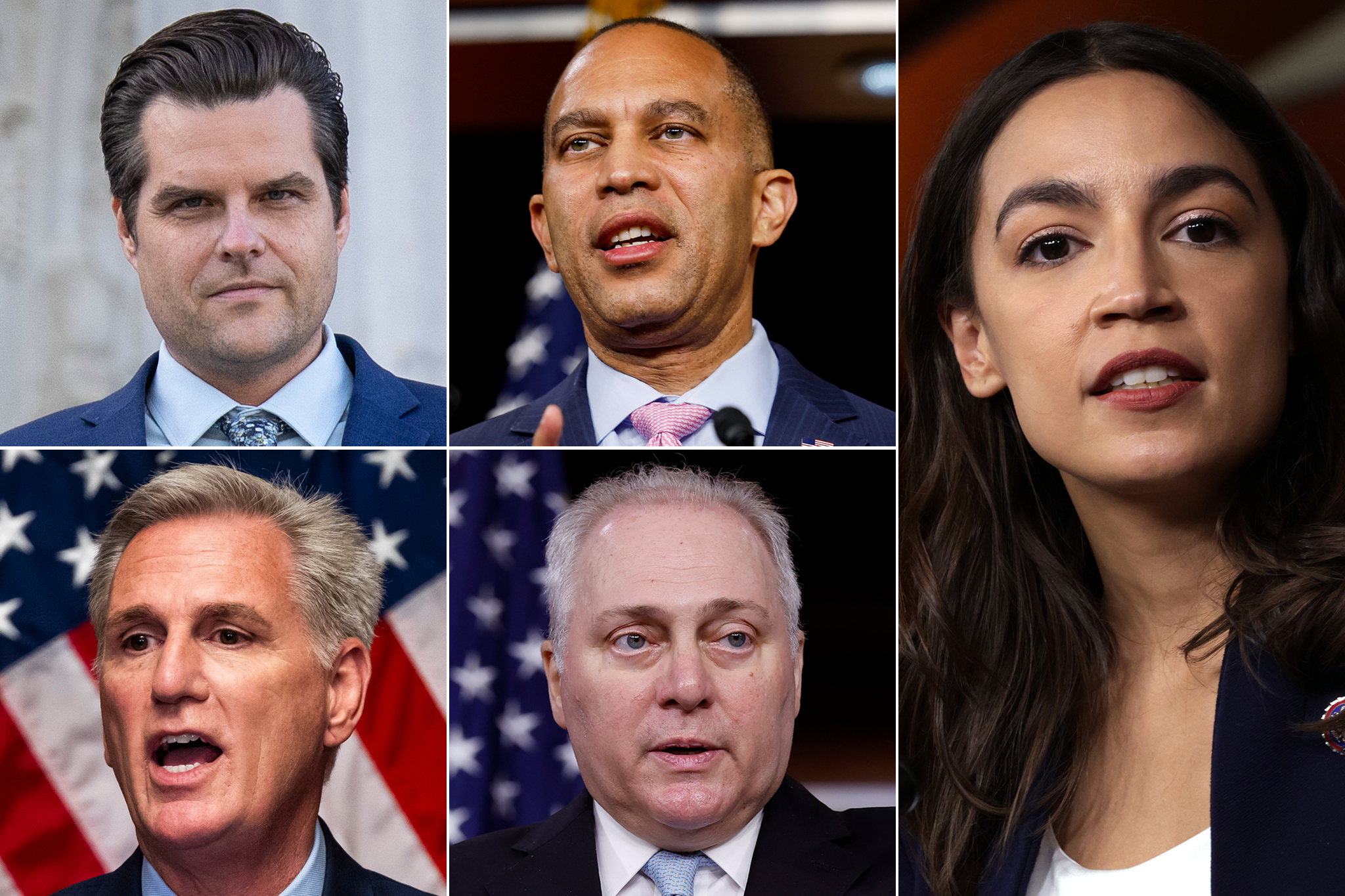 Clockwise: Rep Matt Gaetz, House Minority Leader Hakeem Jeffries, Rep Alexandria Ocasio-Cortez, House Majority Whip Steve Scalise, ex-House Speaker Kevin McCarthy