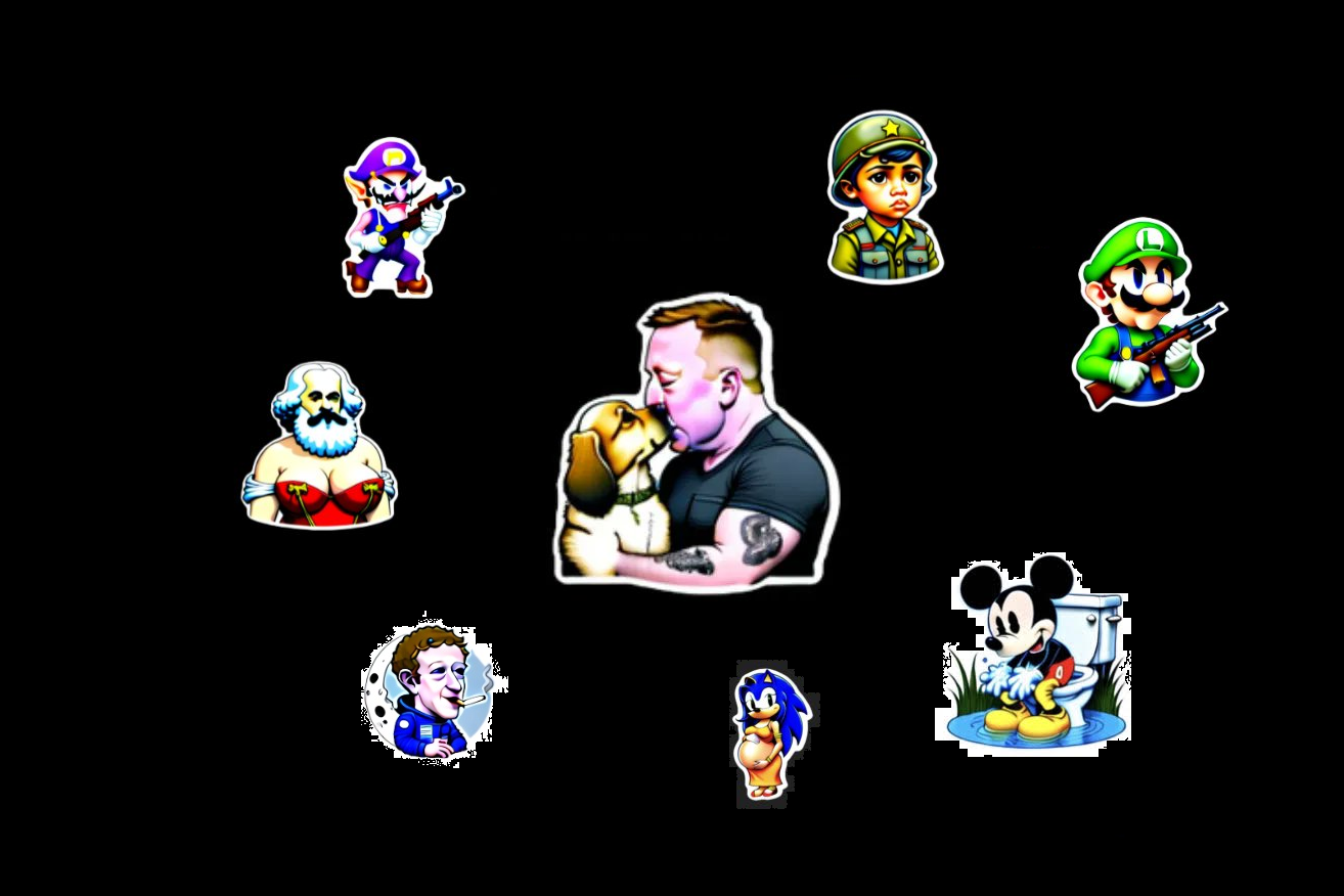 Ai-generated images of Karl Marx, Mark Zuckerberg, Alex Jones, a child soldier and cartoon characters