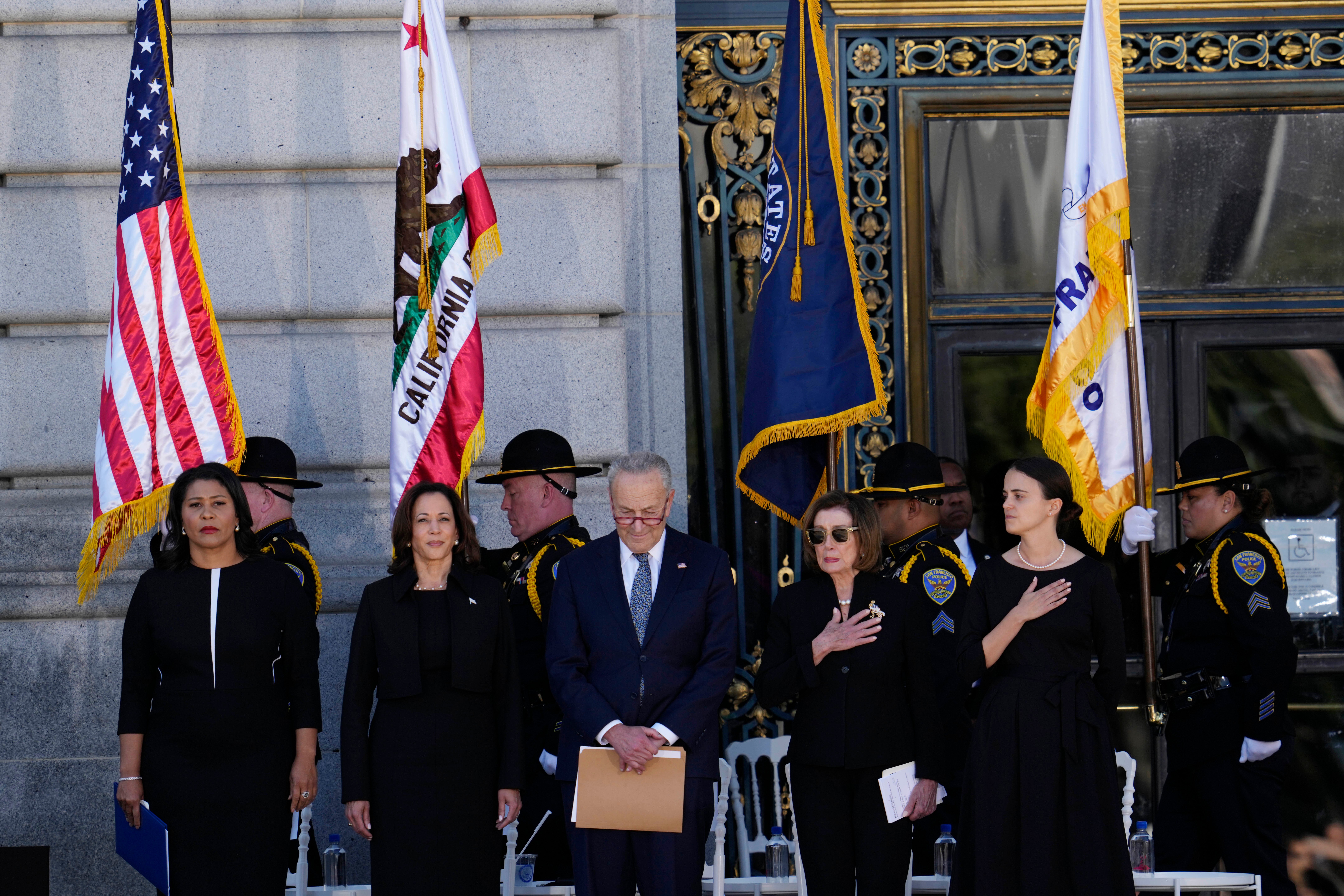 Dignitaries, from left to right, San Francisco Mayor London Breed, Vice President Kamala Harris, Senate Majority Leader Chuck Schumer, D-N.Y., Rep. Nancy Pelosi, D-Calif. and Dianne Feinstein’s granddaughter Eileen Mariano stand during a memorial service for U.S. Sen. Dianne Feinstein, Thursday, Oct. 5, 2023, in San Francisco