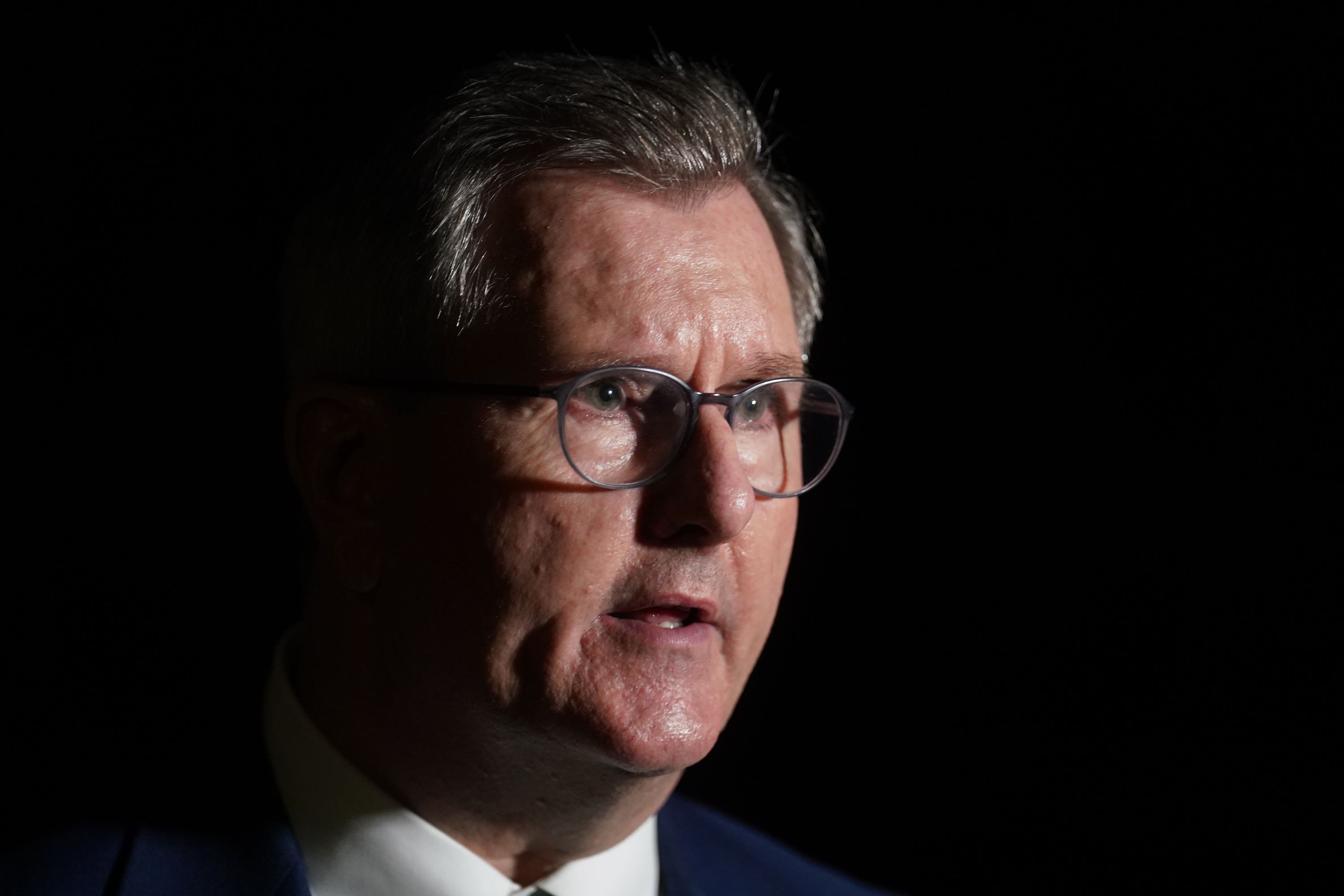 DUP leader Sir Jeffrey Donaldson, speaks outside Brownlow House following a meeting of the DUP’s ruling executive in Lurgan (PA)