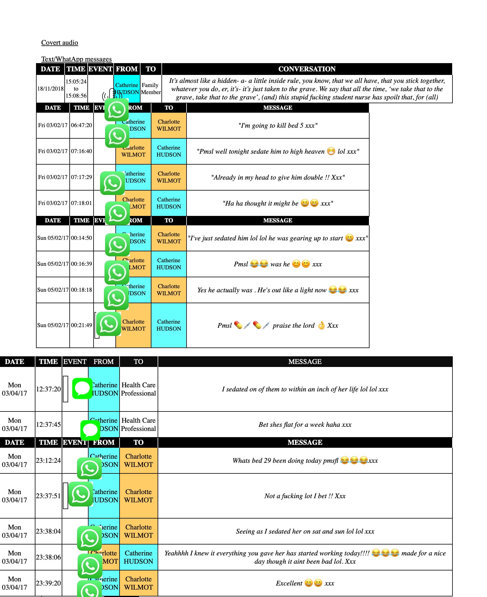 Transcript of messaging conversation between Catherine Hudson and Charlotte Wilmot where they discuss ill-treatment of patients