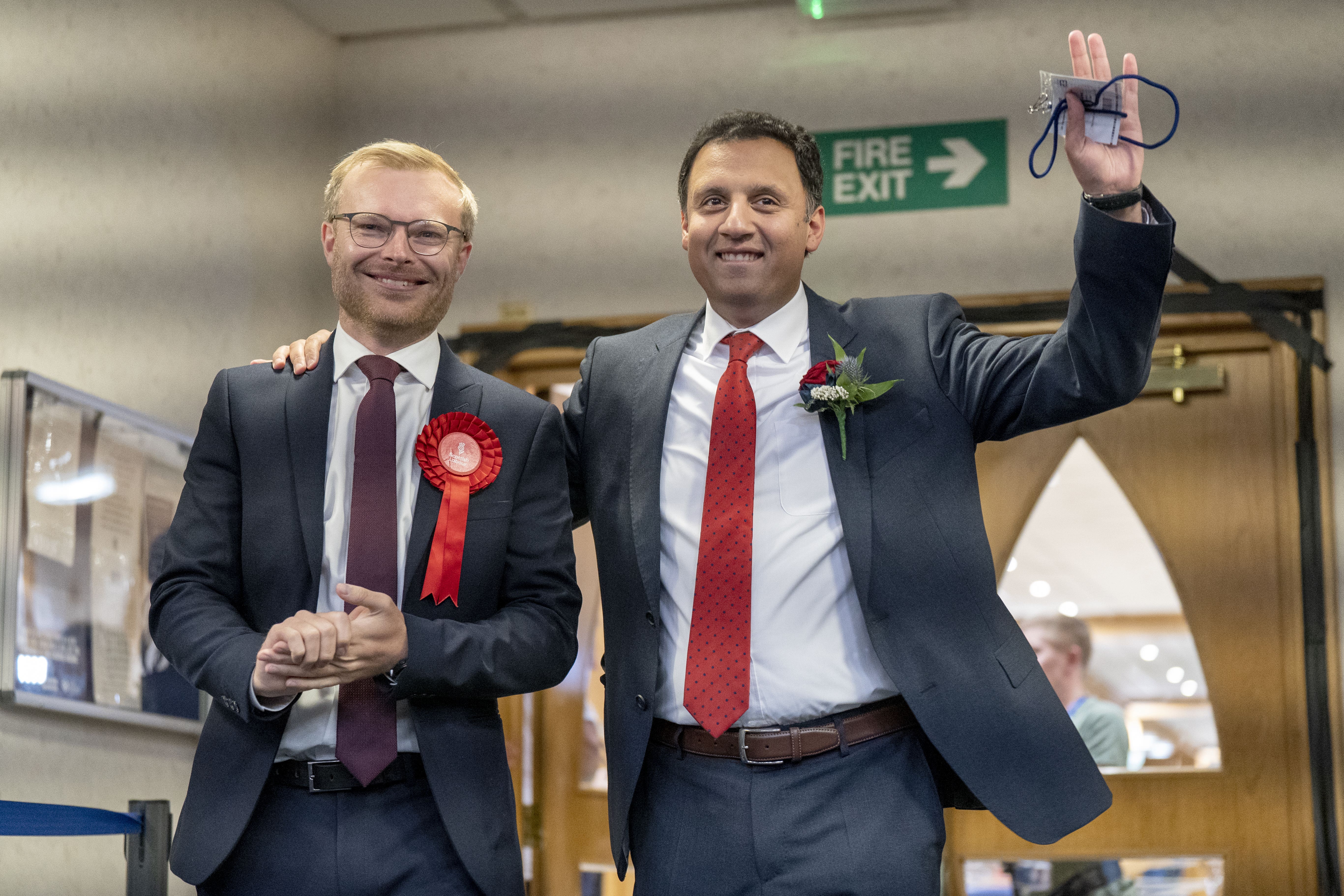 Scottish Labour leader Anas Sarwar with candidate Michael Shanks (left) at the count for the Rutherglen and Hamilton West by-election, at South Lanarkshire Council Headquarters in Hamilton (Jane Barlow/PA)