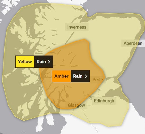 Amber and yellow weather alerts for heavy downpours are in place across large parts of Scotland until Sunday morning.