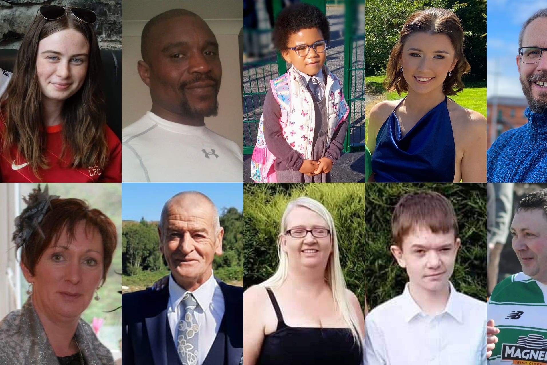 Leona Harper, 14, Robert Garwe, 50, Shauna Flanagan Garwe, five, Jessica Gallagher, 24, and James O’Flaherty, 48, and (bottom row, left to right) Martina Martin, 49, Hugh Kelly, 59, Catherine O’Donnell, 39, her 13-year-old son James Monaghan, and Martin McGill, 49 (An Garda Siochana)