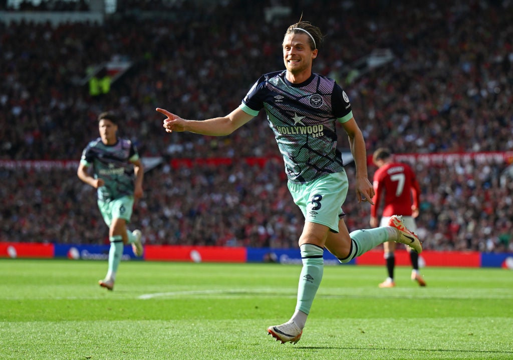 Brentford’s Mathias Jensen opened the scoring at Old Trafford