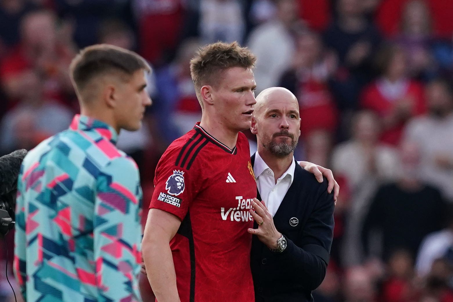 Manchester United manager Erik ten Hag with two-goal hero Scott McTominay. (Martin Rickett/PA)