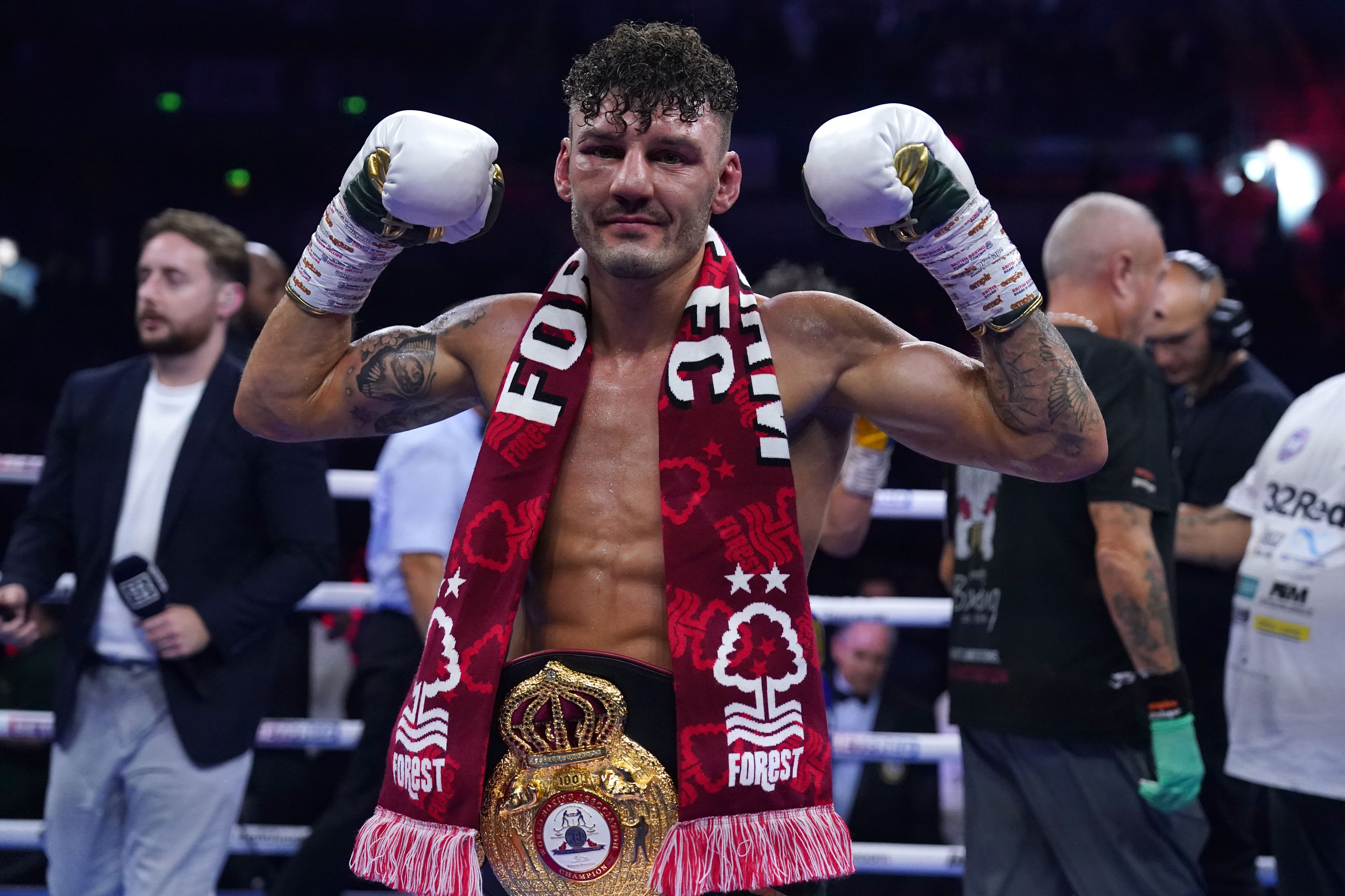 Leigh Wood celebrates victory against Josh Warrington (Nick Potts/PA)