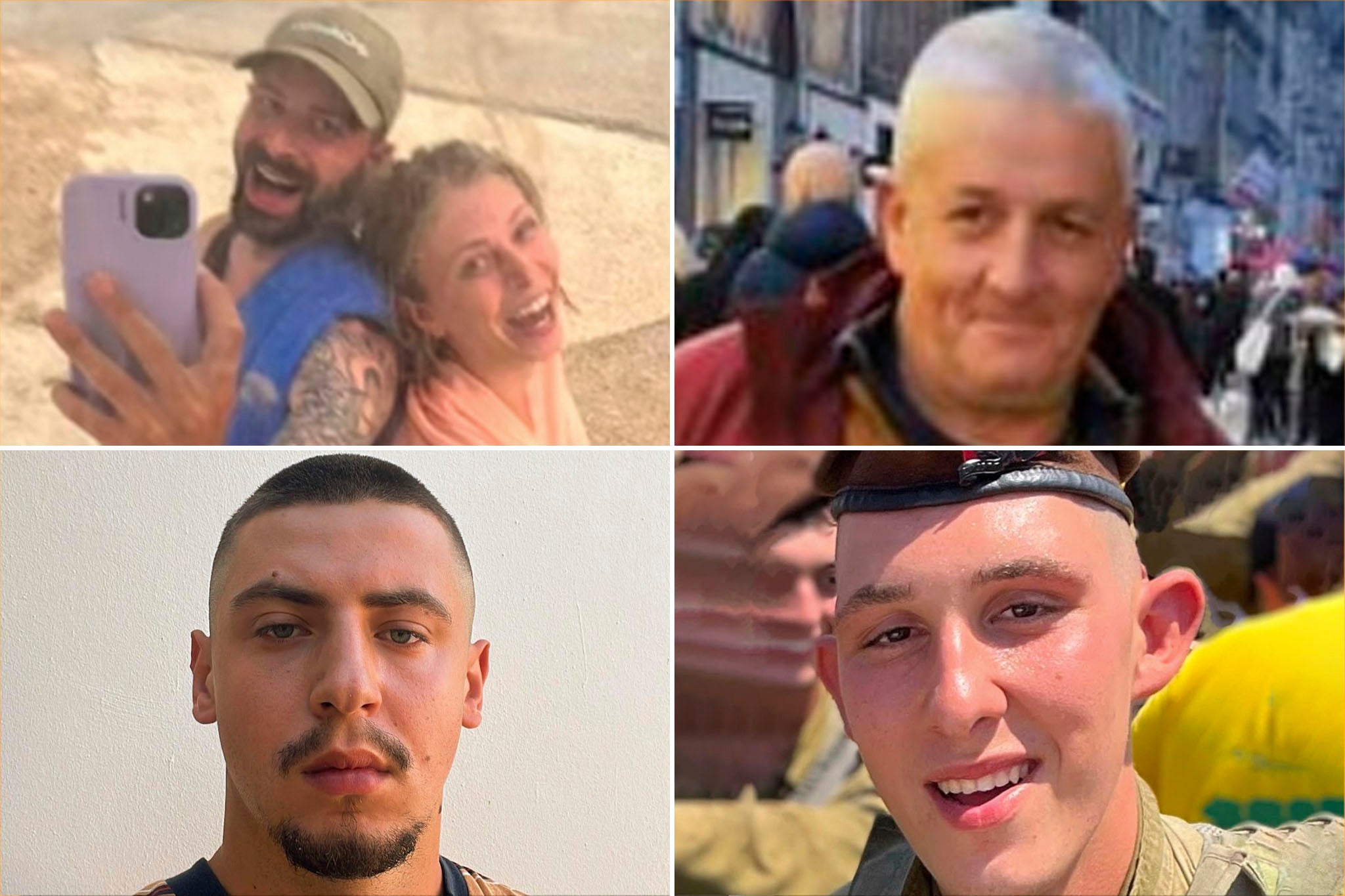 Clockwise from top left, Dan Darlington with a friend, days before the Hamas attack; Bernard Cowan; Nathanel Young and Jack Marlowe