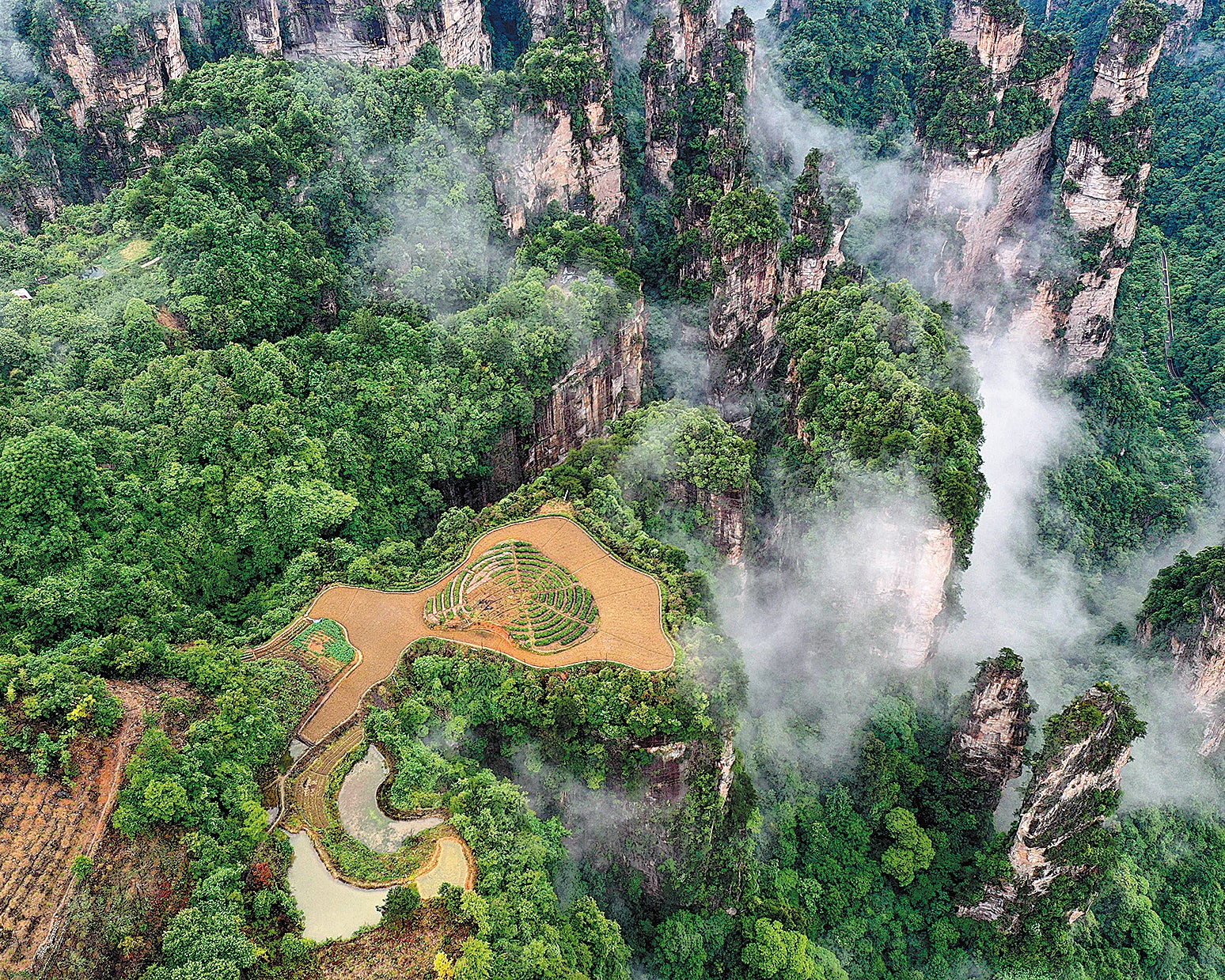 An aerial view of farming fields nestled in the depth of mountains in Wulingyuan area in Hunan province