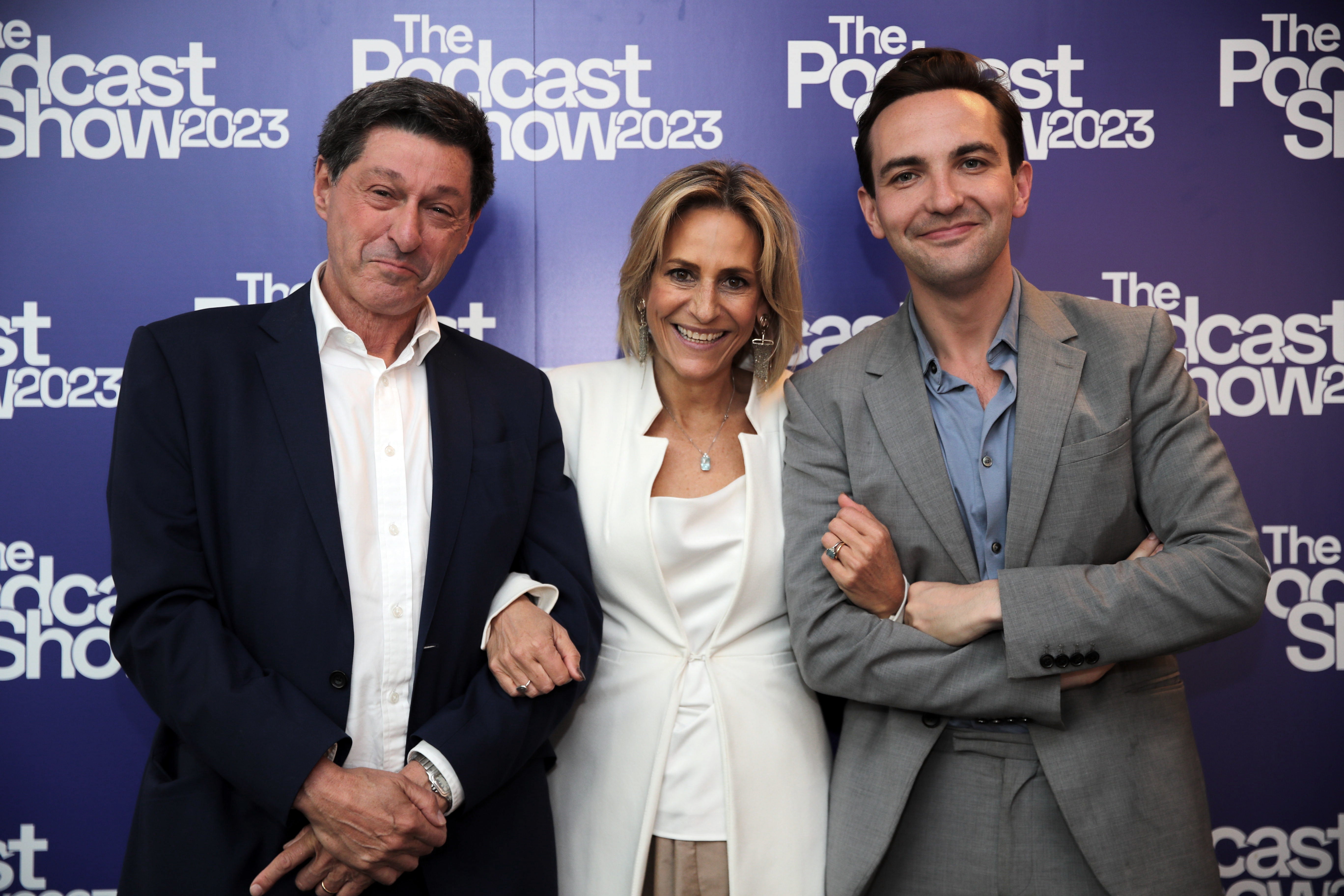 Jon Sopel, Emily Maitlis and Lewis Goodall at the Podcast Show in London in May 2023