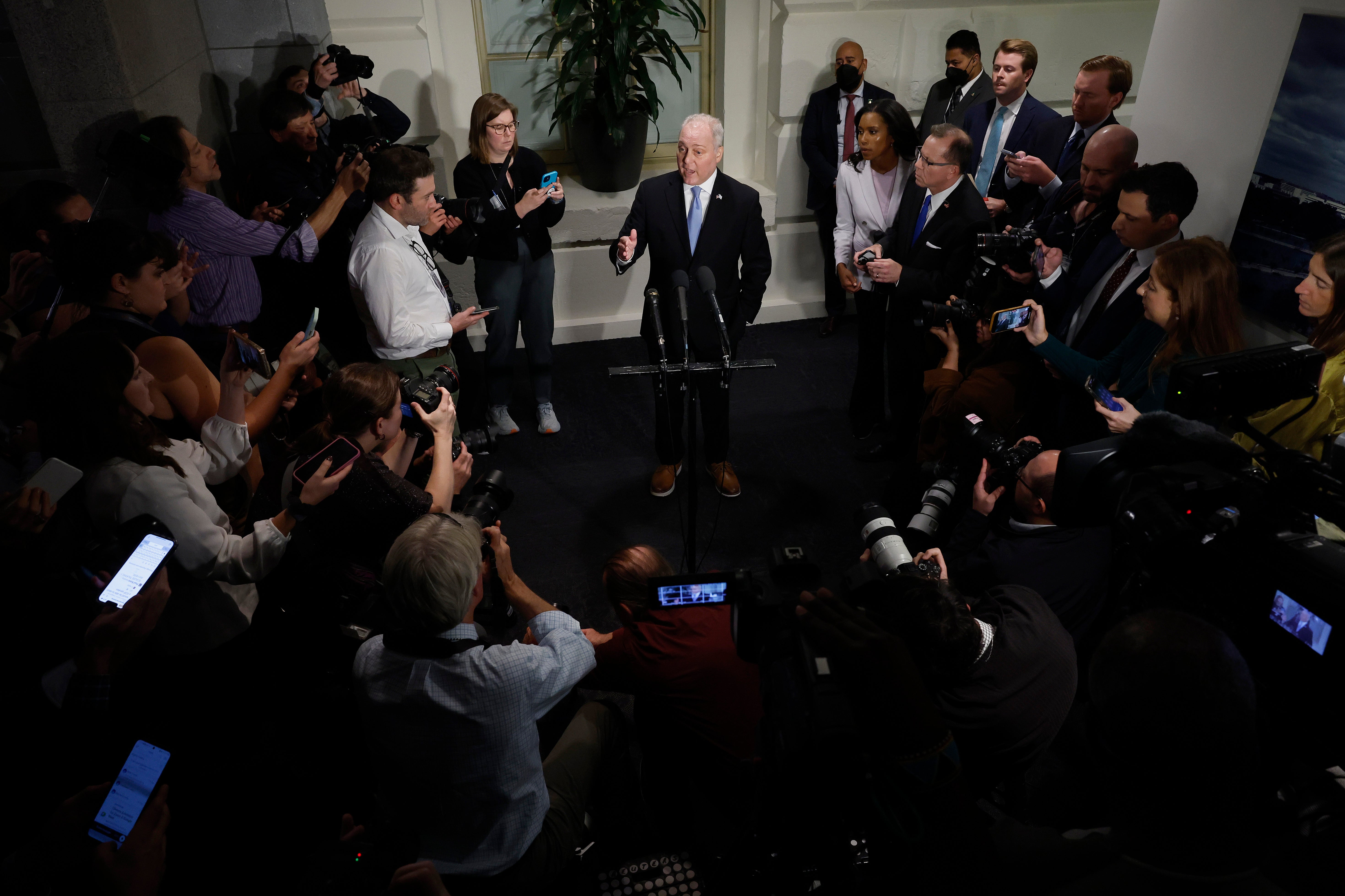 U.S. House Majority Leader Steve Scalise (R-LA) speaks to reporters as he leaves a House Republican caucus meeting at the U.S. Capitol on October 12, 2023 in Washington, DC.