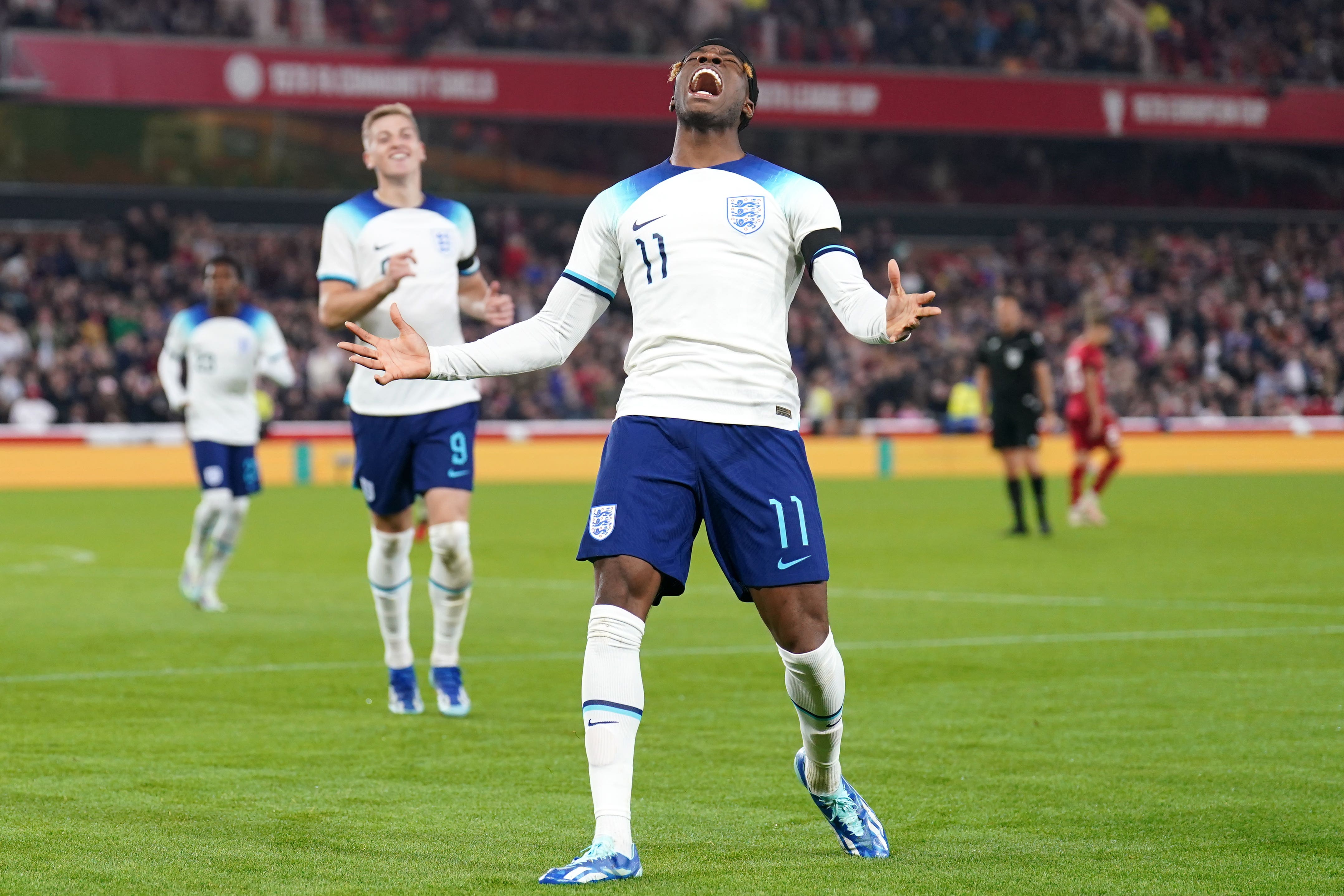 Noni Madueke celebrates as England Under-21s beat Serbia. (Joe Giddens/PA)