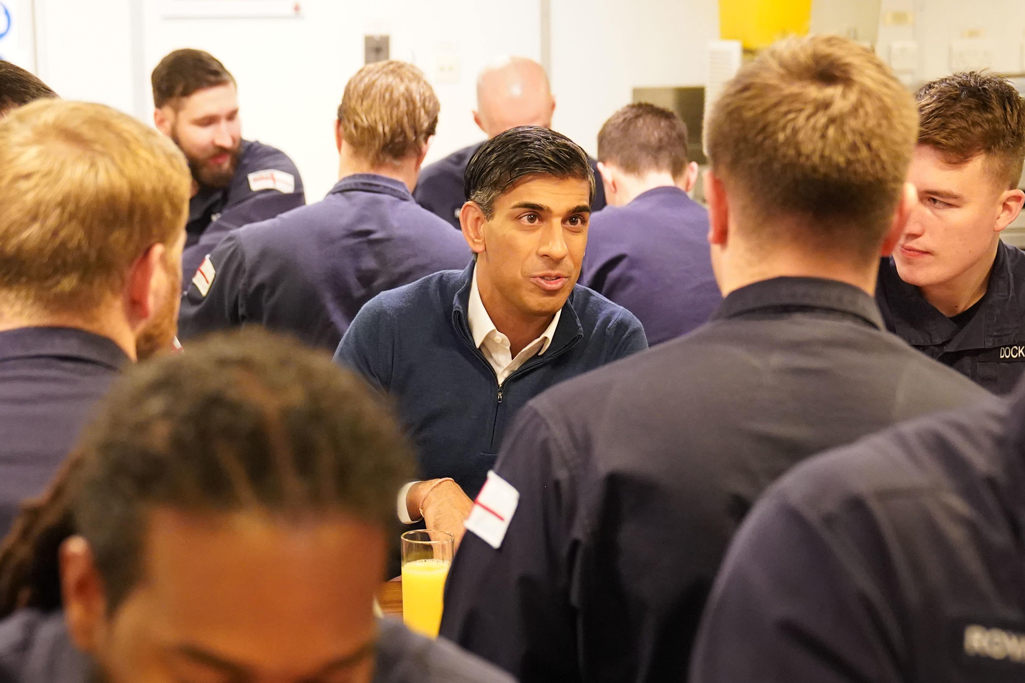 Prime Minister Rishi Sunak having breakfast with the crew on board HMS Diamond (Stefan Rousseau/PA)