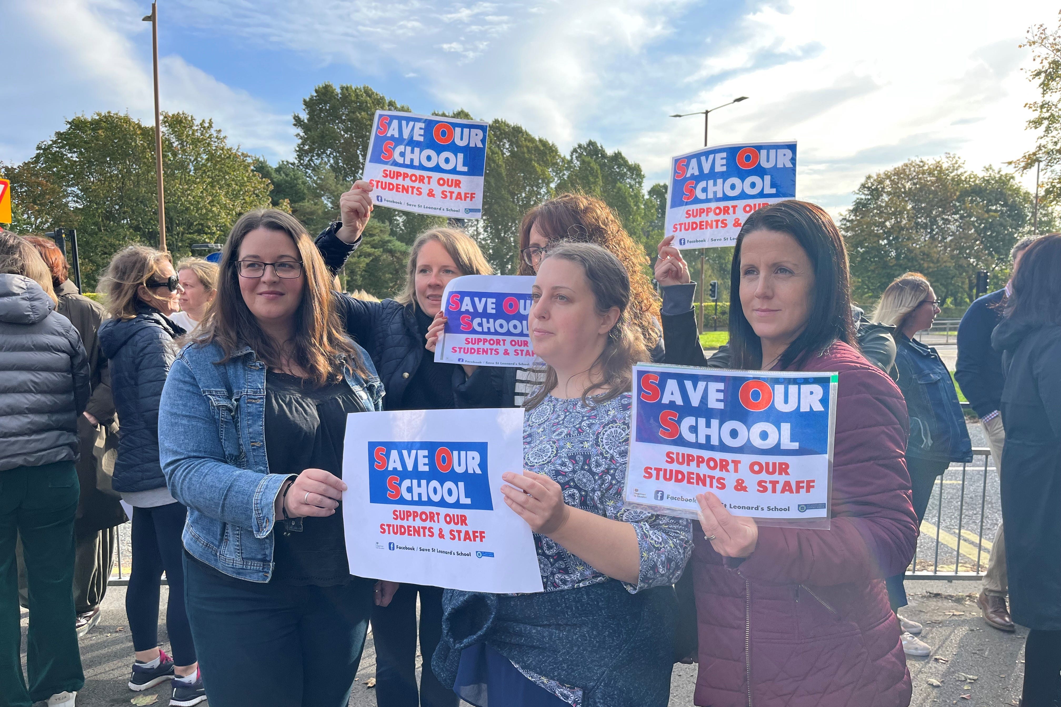 Parents demonstrate in support of St Leonard’s Catholic School, Durham, which has been disrupted by sub standard reinforced autoclaved aerated concrete (Raac) (Tom Wilkinson/PA)