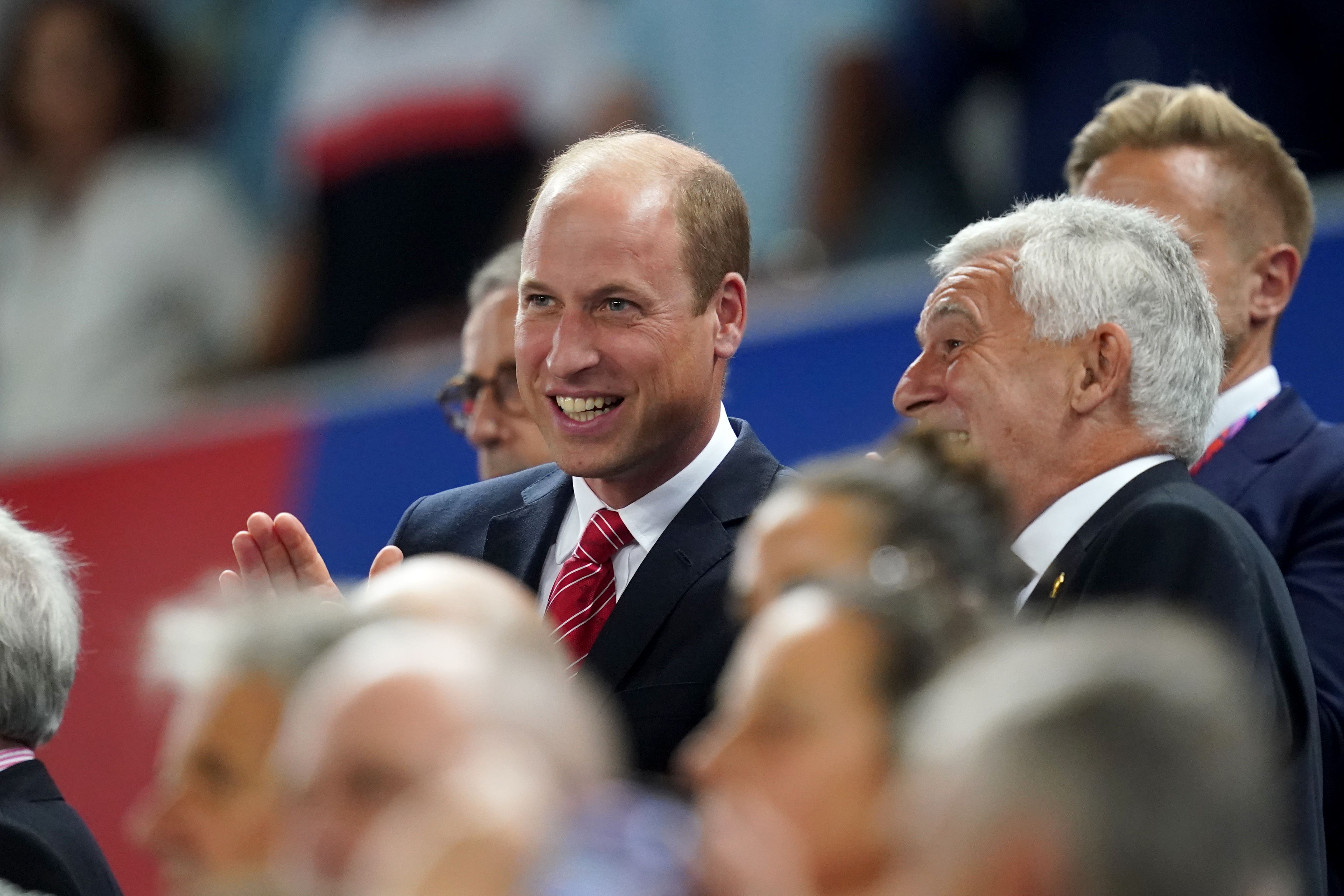 The Prince of Wales with Gareth Davies in the stands at the Rugby World Cup match between Wales and Fiji in Bordeaux (David Davies, PA)