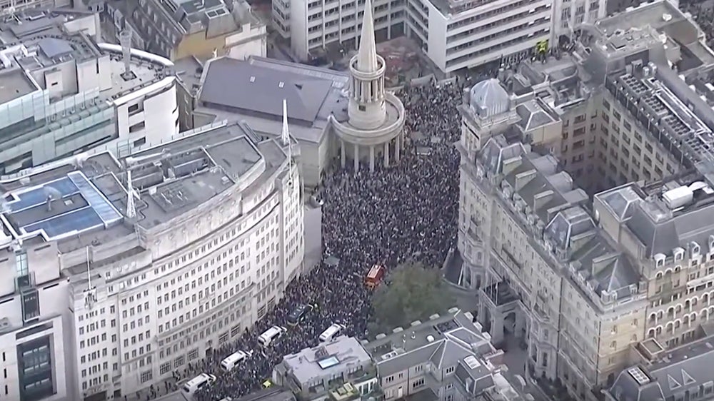 Aerial footage captures thousands of pro-Palestine protesters marching through London last Saturday (14 October)