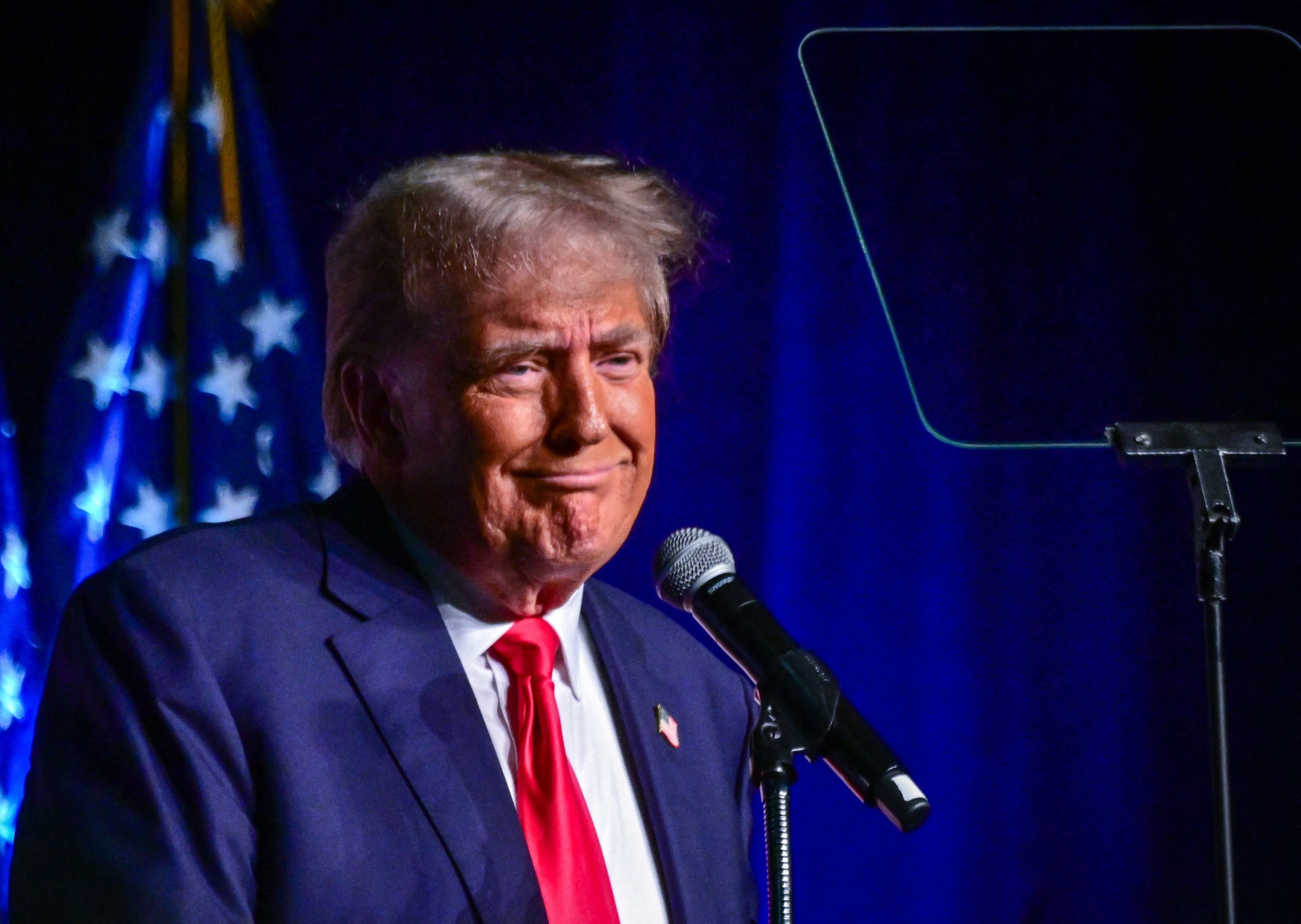 Former US President and 2024 Republican presidential hopeful Donald Trump holds a campaign event at Club 47 USA in West Palm Beach, Florida, on October 11, 2023.