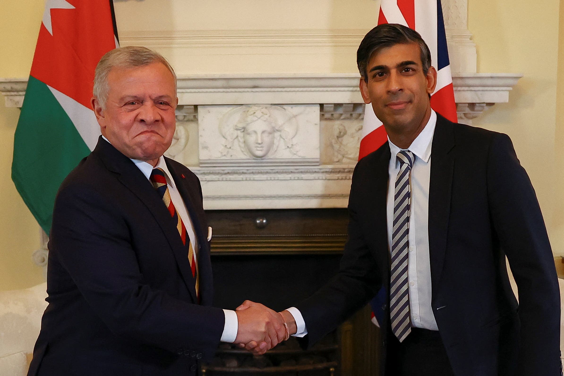 Prime Minister Rishi Sunak shakes hands with King Abdullah II, King of Jordan, in 10 Downing Street, London on Sunday (Hannah McKay/PA)