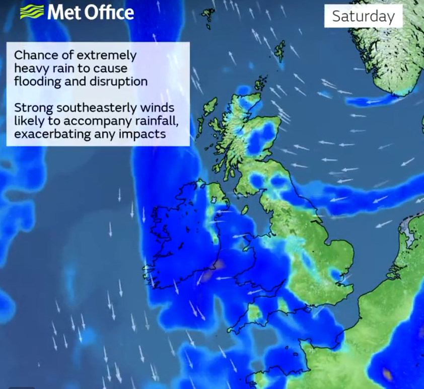 A weather map showing stormy conditions expected this Saturday as extremely heavy wind and rain predicted as Storm Babet batters Britain