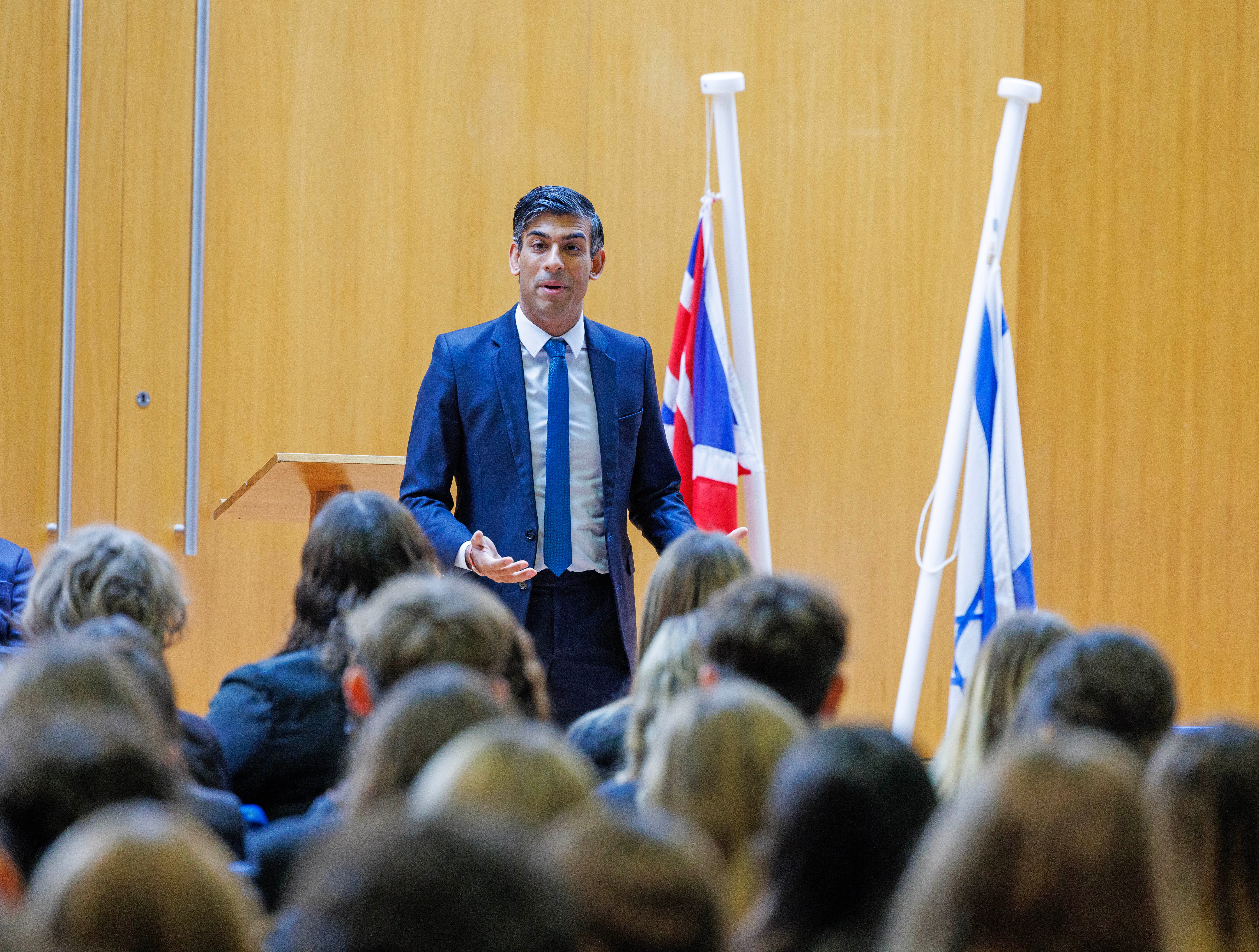 Rishi Sunak addressed Jewish school students during an assembly on Monday