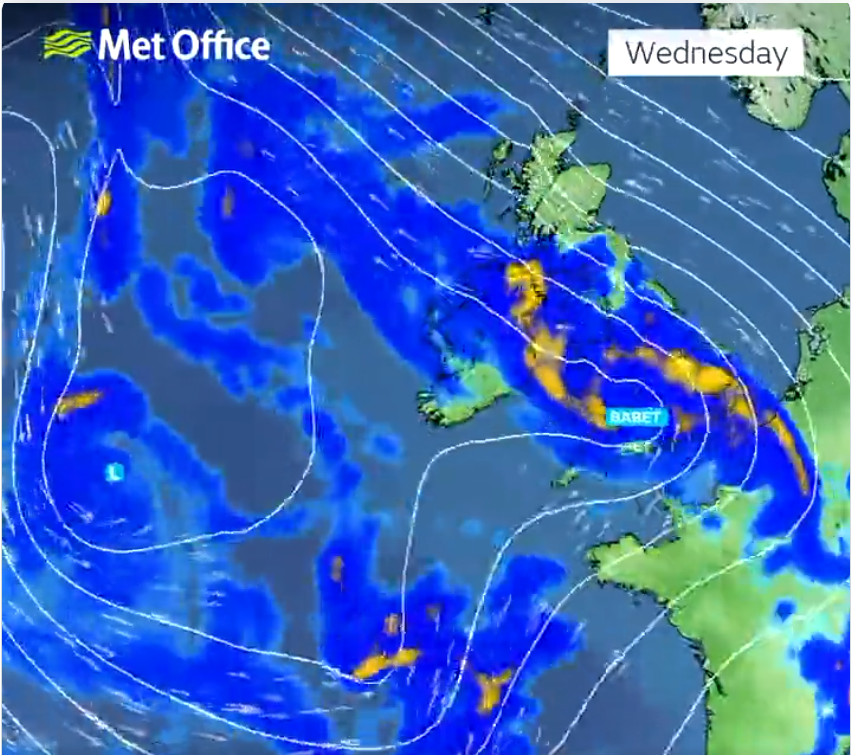 Babet will arrive in the South West and move upwards bringing blustery winds and heavy rain across the UK