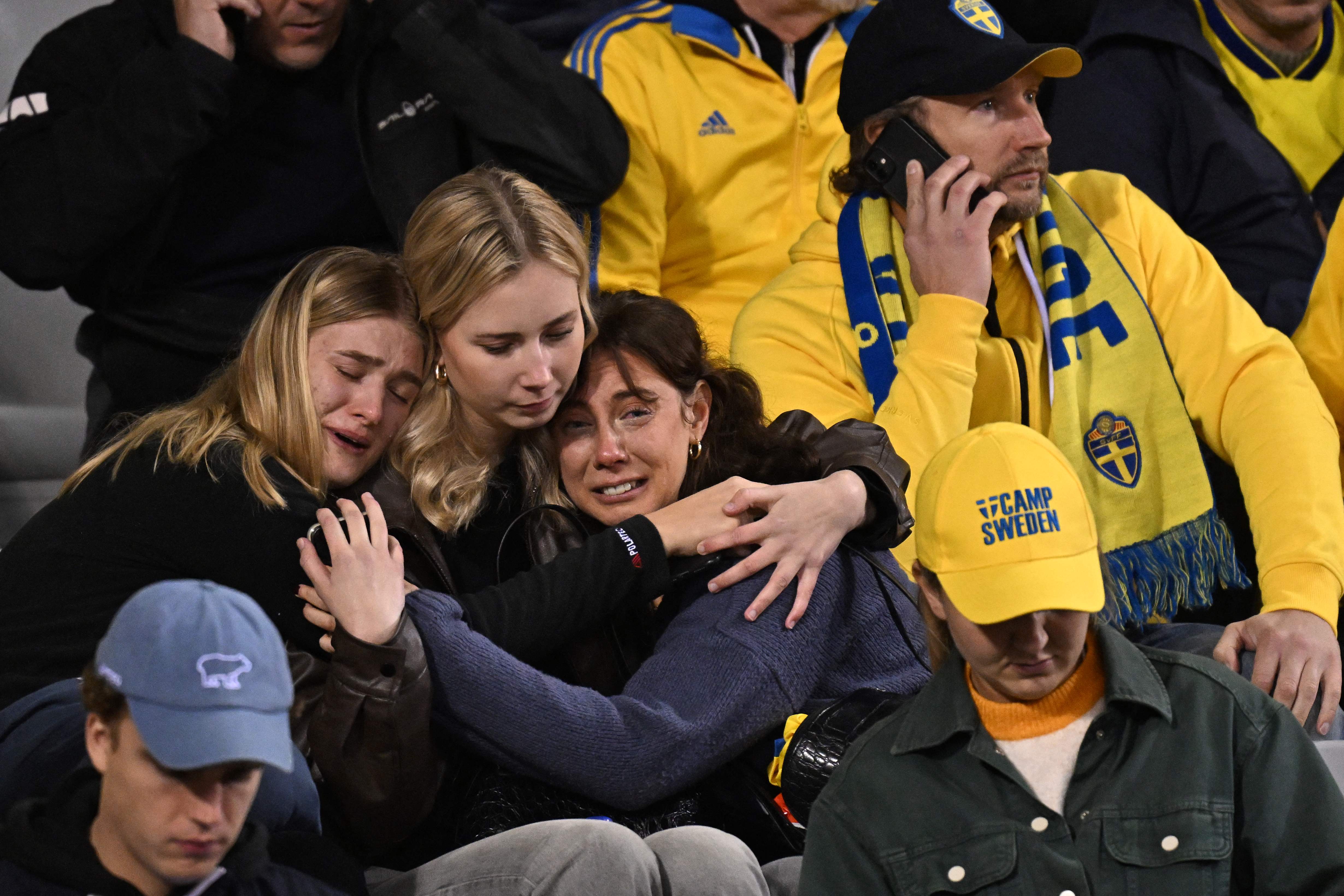 Swedish supporters react as they wait in the stand