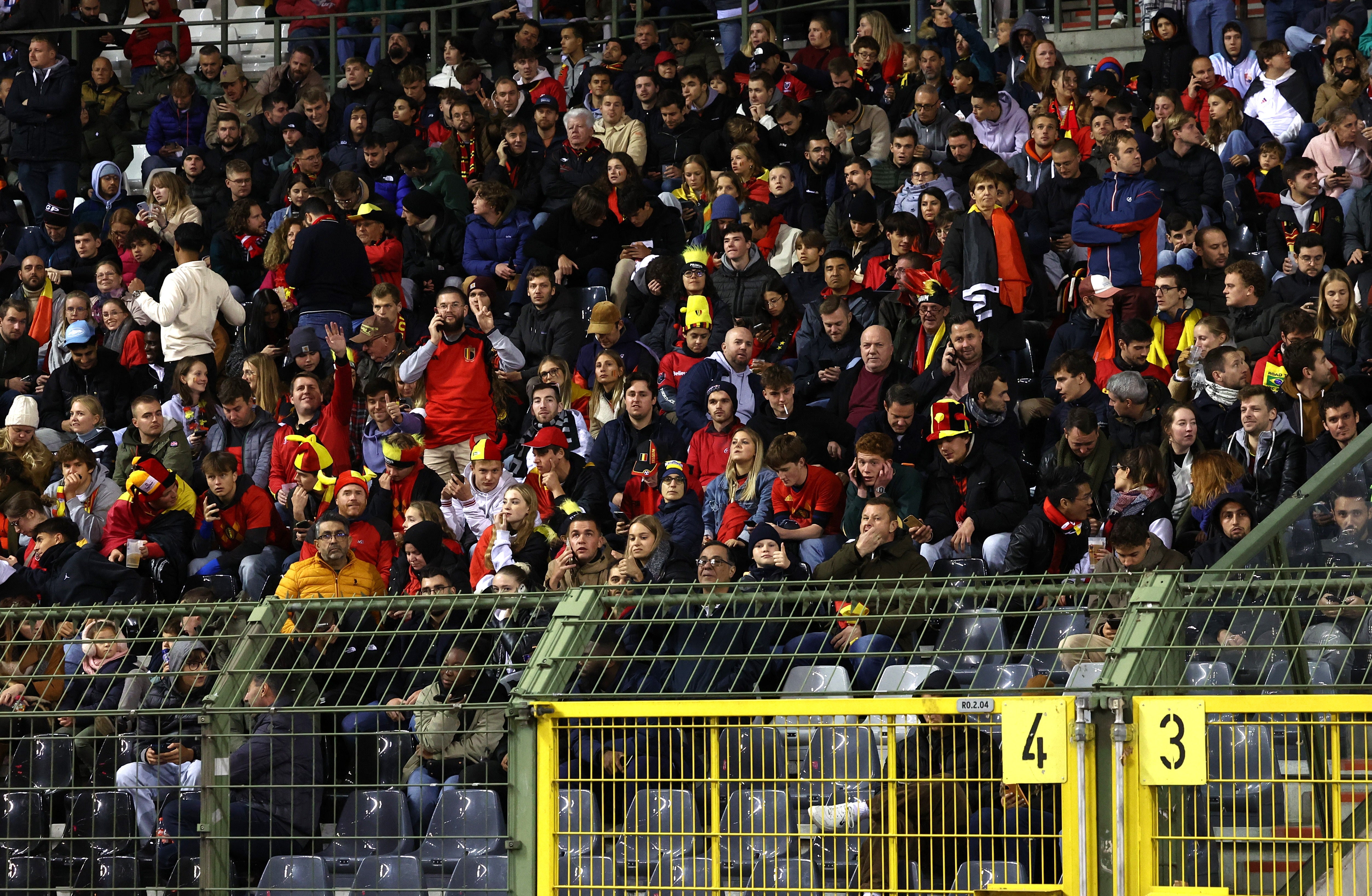 Belgium fans inside the stadium as the match is abandoned after a shooting in Brussels