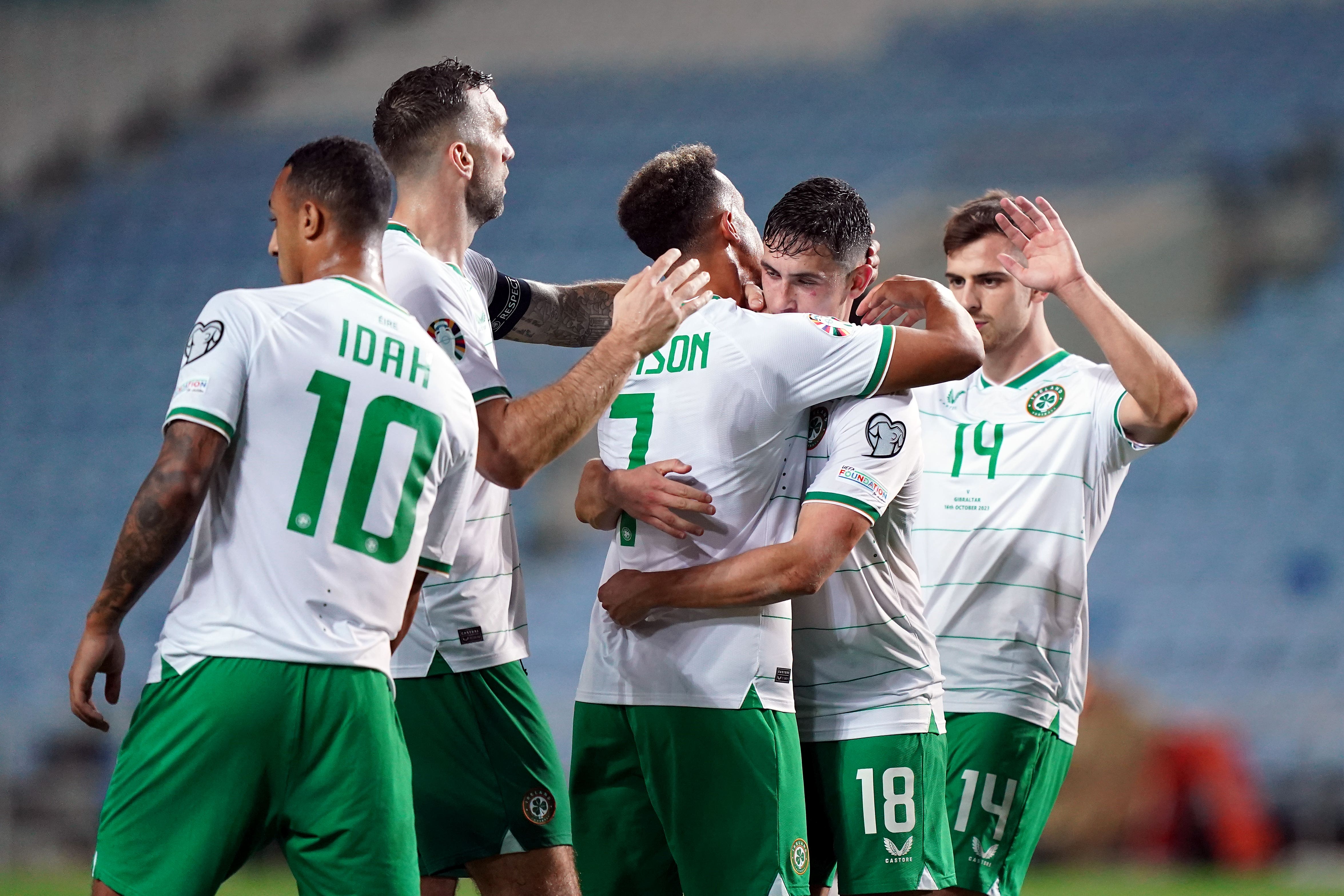 Republic of Ireland’s Callum Robinson celebrates rounding off the scoring with the fourth goal (Zac Goodwin/PA).