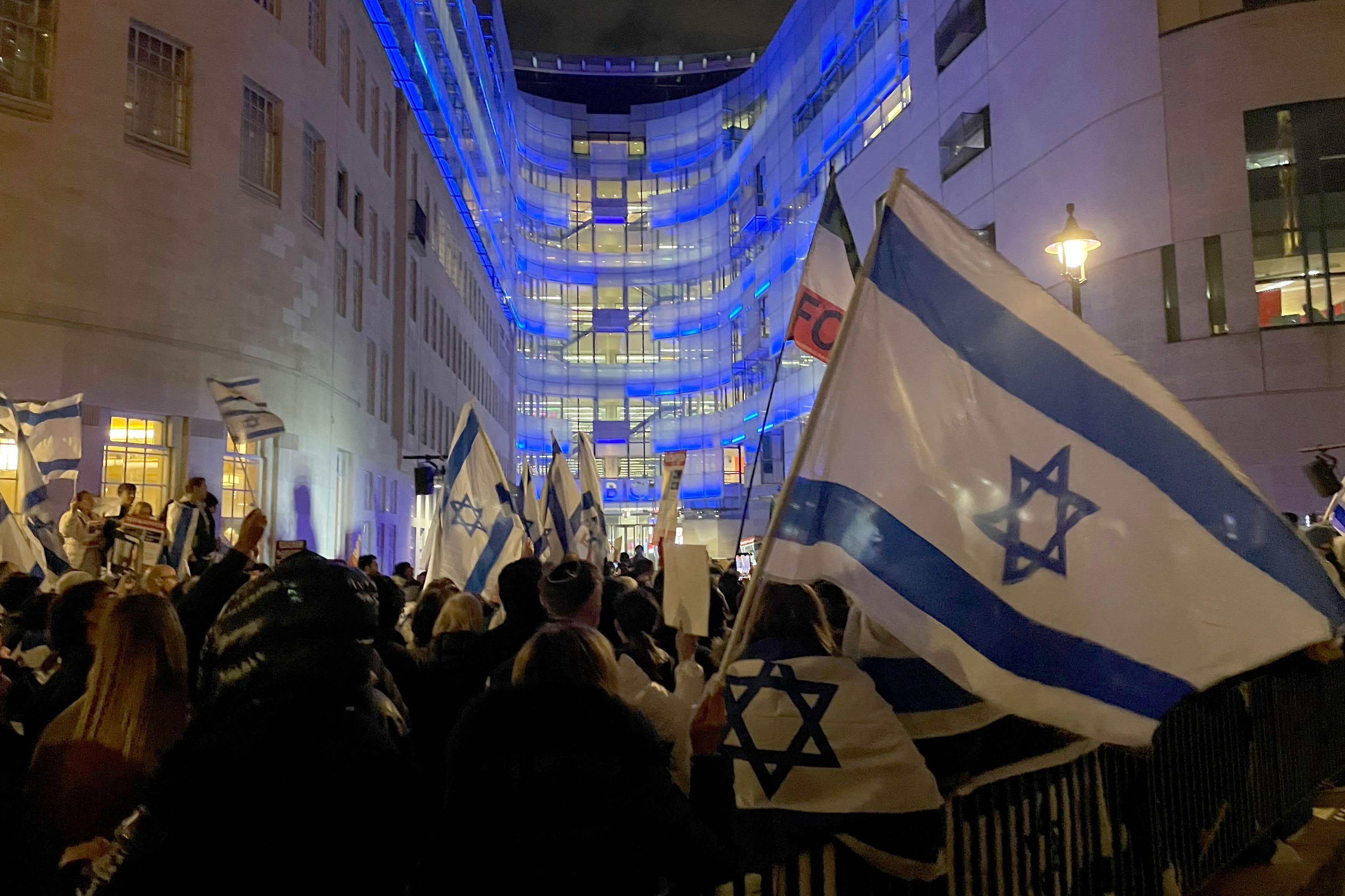 Protesters outside Broadcasting House in London calling for the BBC to change its stance on not labelling Hamas ‘terrorists’