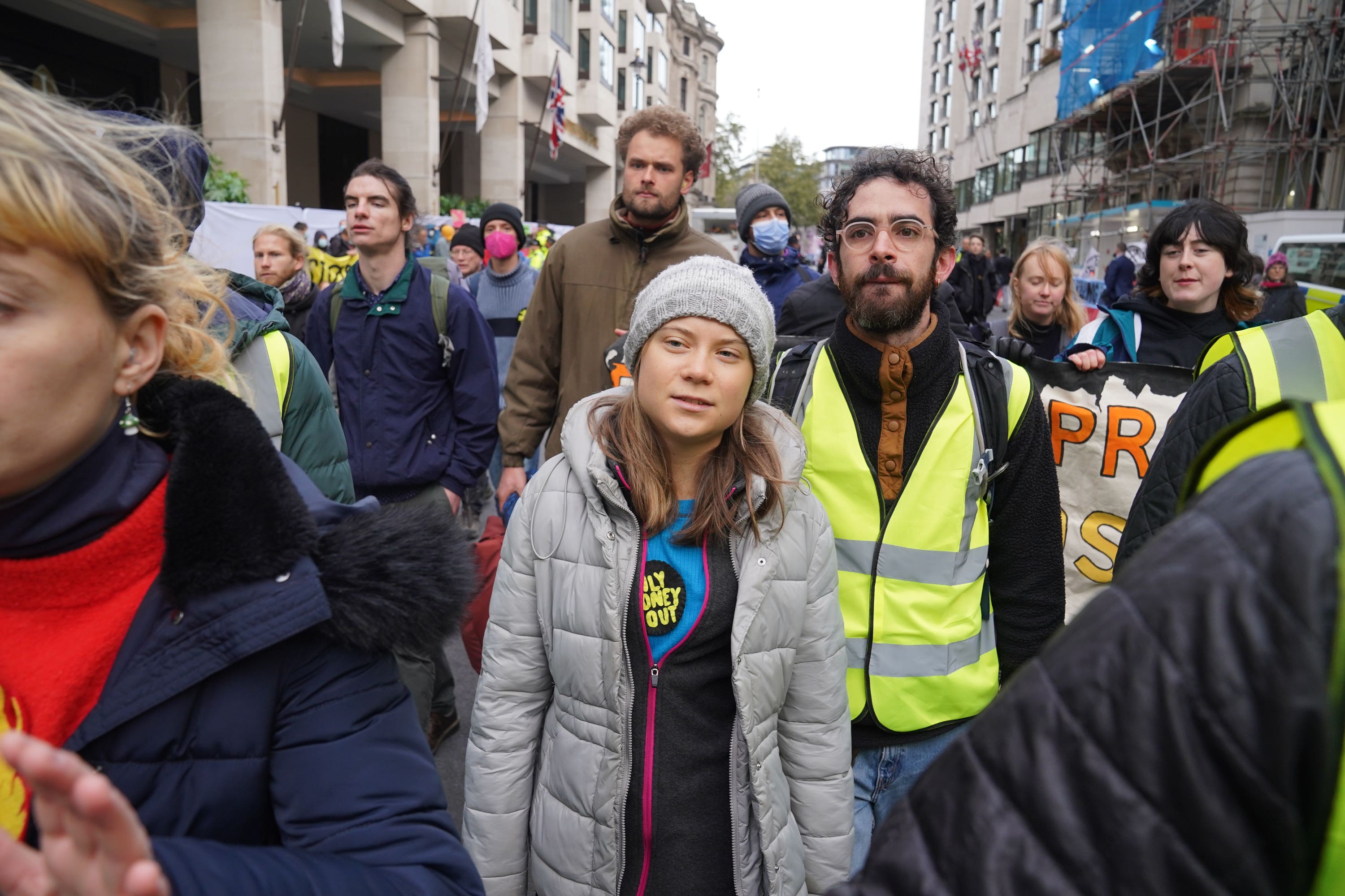 Greta Thunberg joins protesters from Fossil Free London outside the InterContinental in central London (Lucy North/PA)