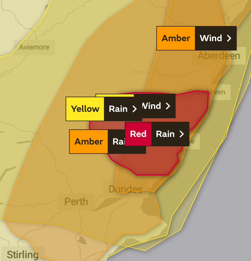 The red weather warning covers 30 miles along Scotland’s east coast and includes Dundee and Perth