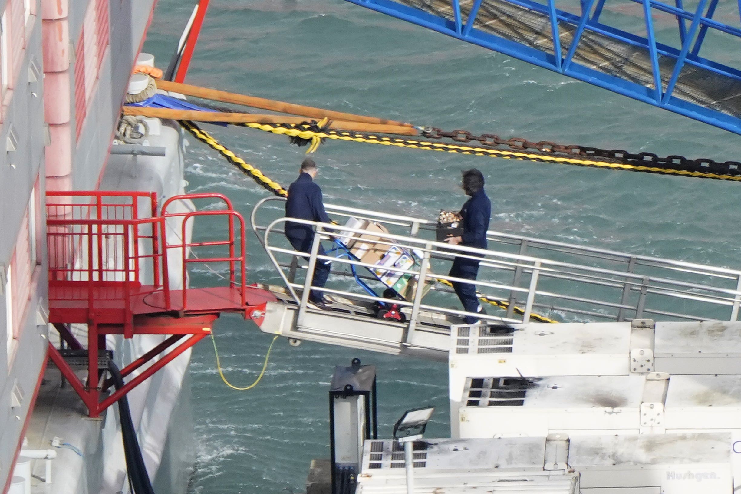 Supplies are taken on to the Bibby Stockholm accommodation barge at Portland Port in Dorset (PA)