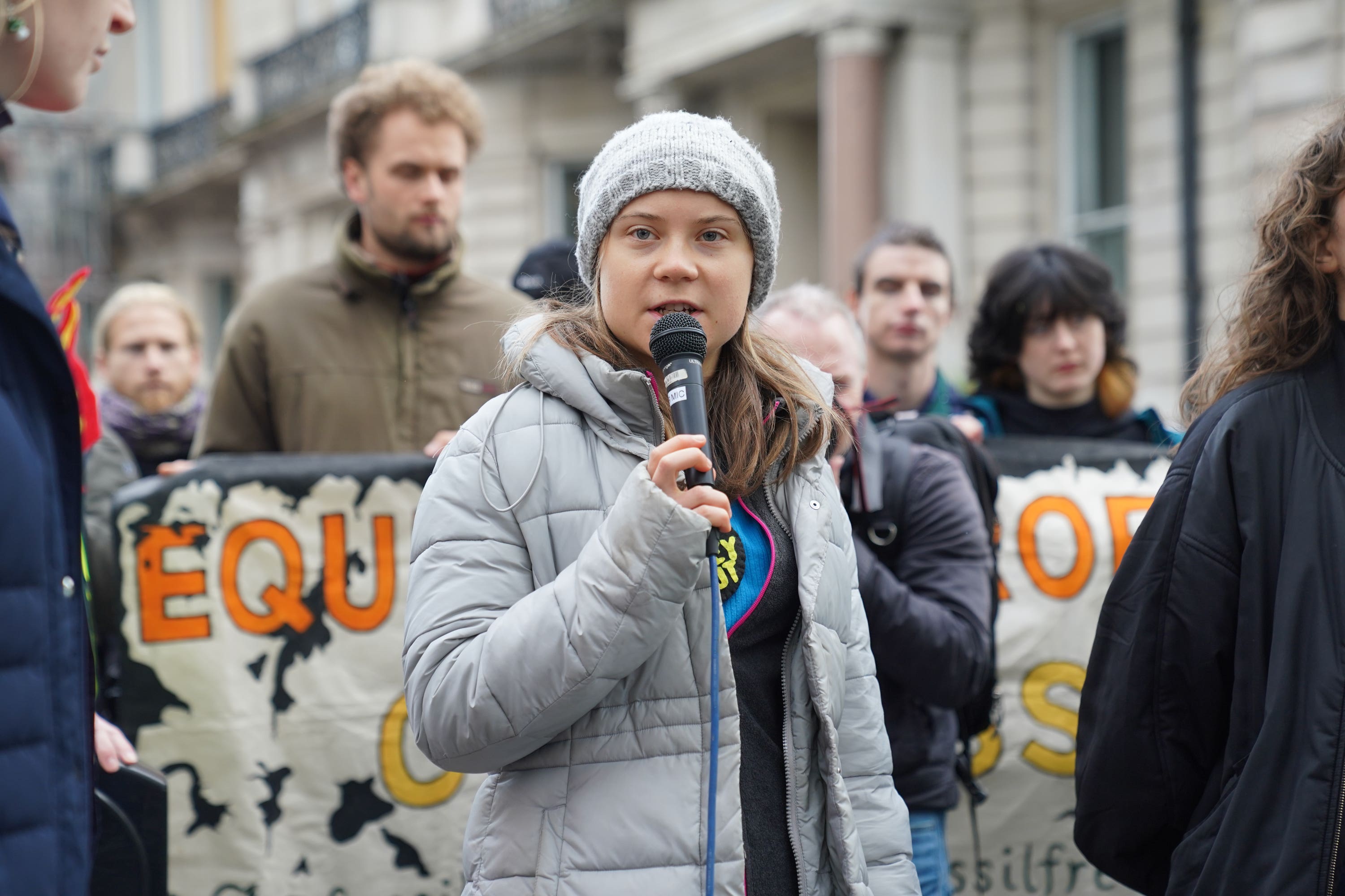 Greta Thunberg joined protesters at Canary Wharf in London on Thursday (Lucy North/PA)