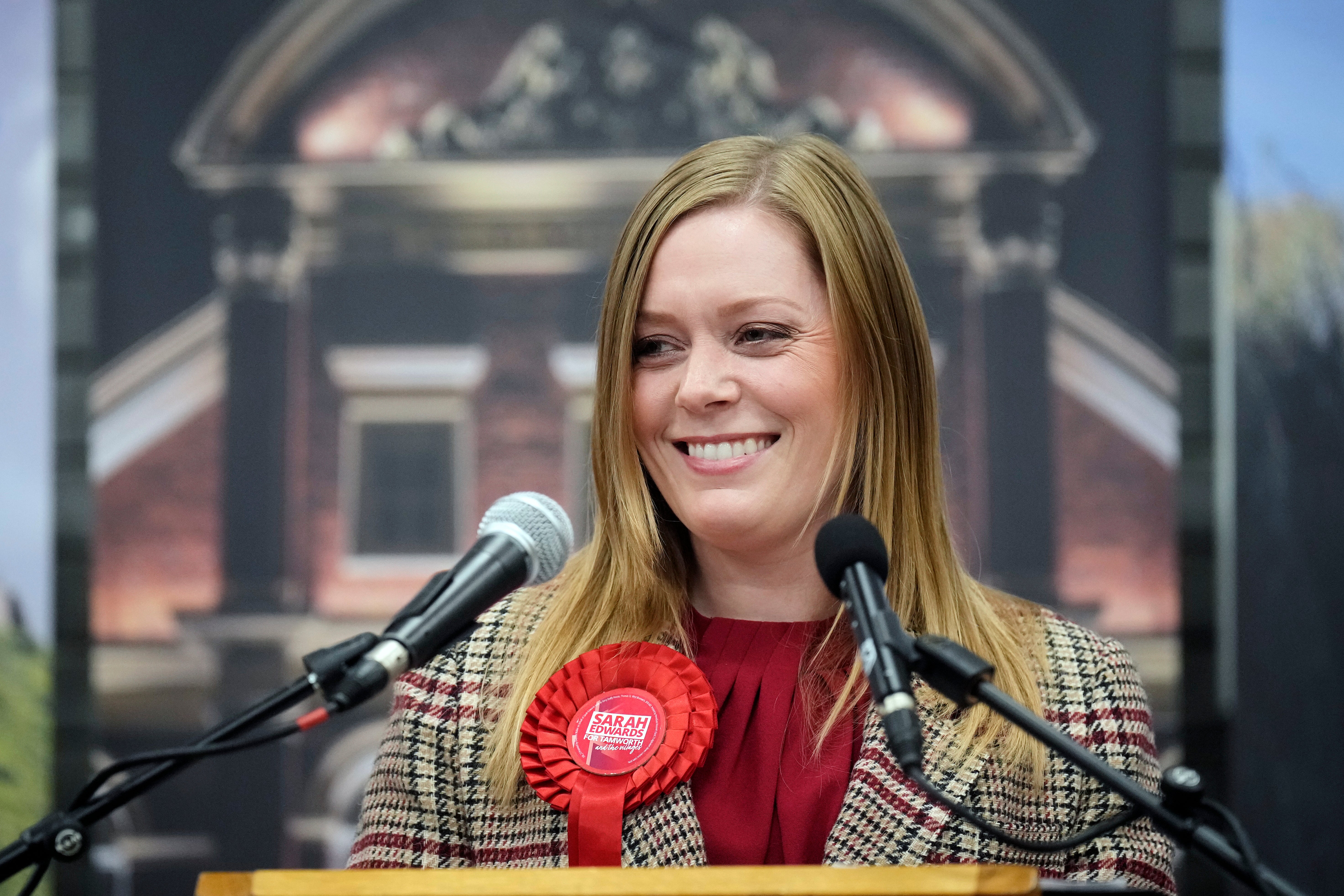 Labour candidate Sarah Edwards delivers a victory speech after winning the Tamworth by-election