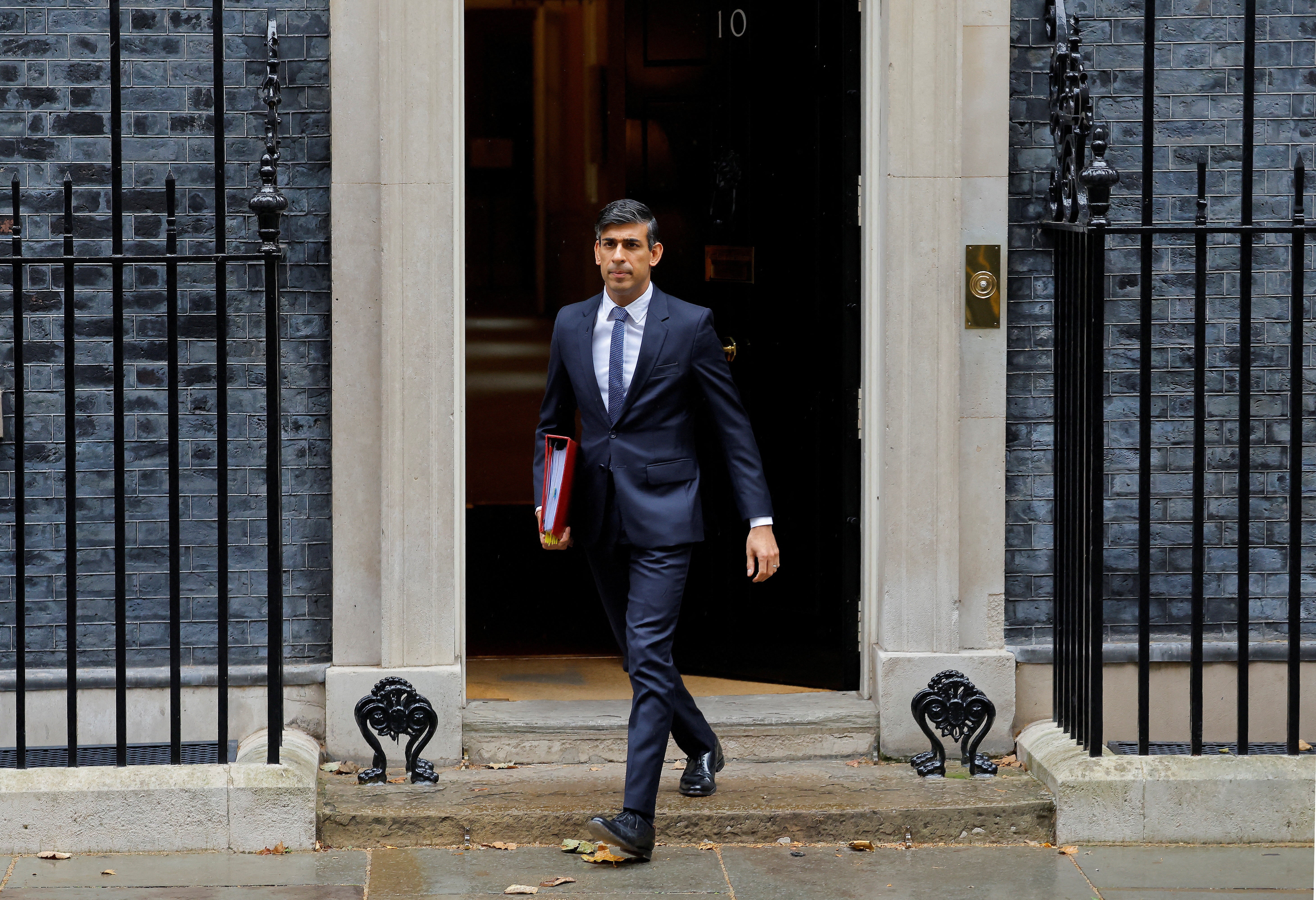 British Prime Minister Rishi Sunak leaves 10 Downing Street to attend Prime Minister’s Questions at the Houses of Parliament in London, Britain, 18 October 2023