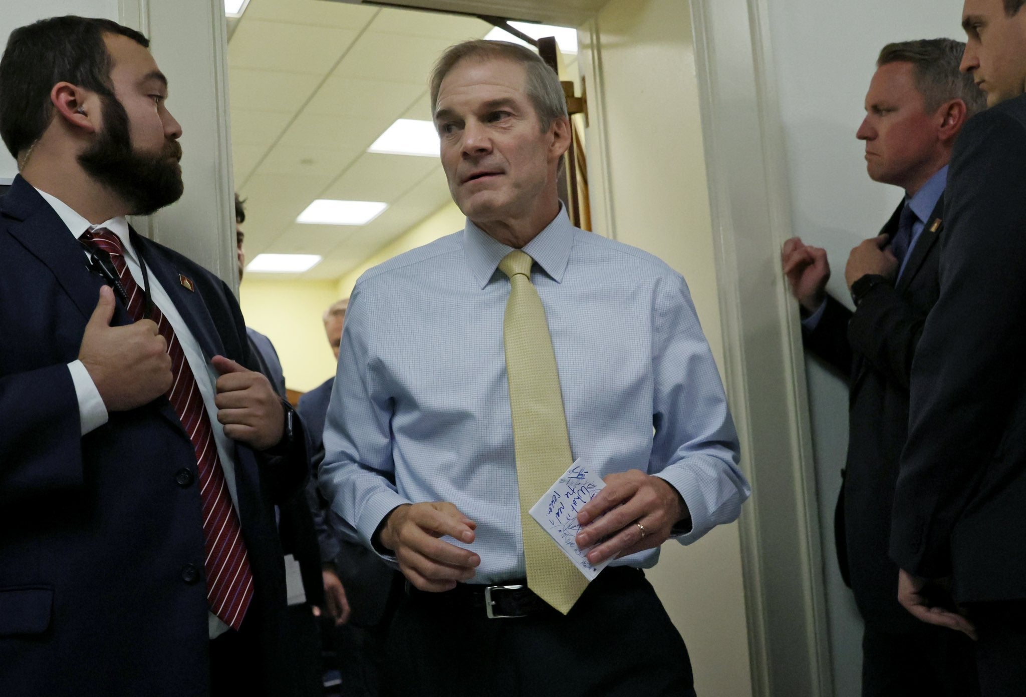 Jim Jordan was pictured holding a note covered with scribbles as he left a House Republican Conference meeting on Thursday