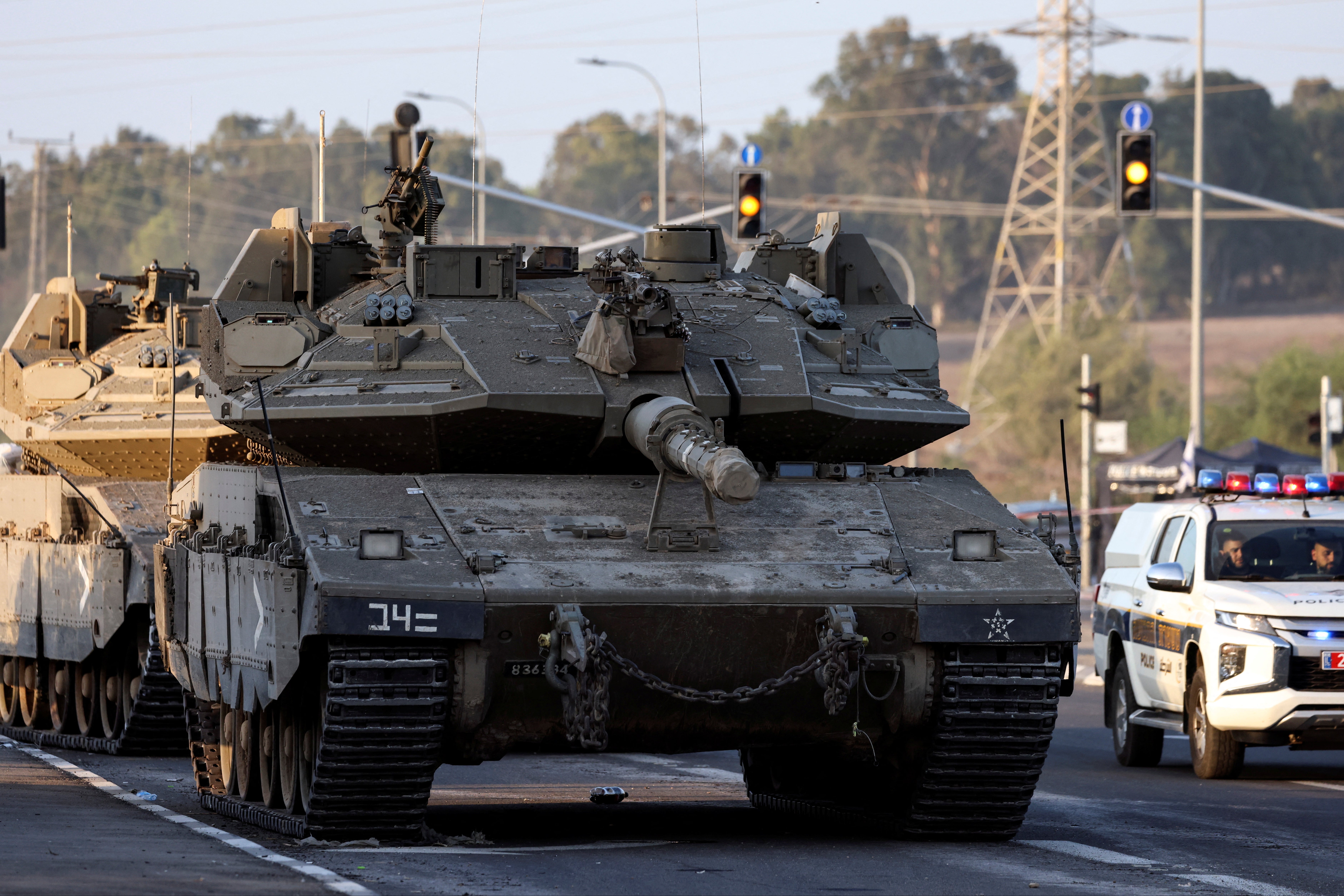 Israeli tanks seen on a road near Israel’s border with the Gaza Strip