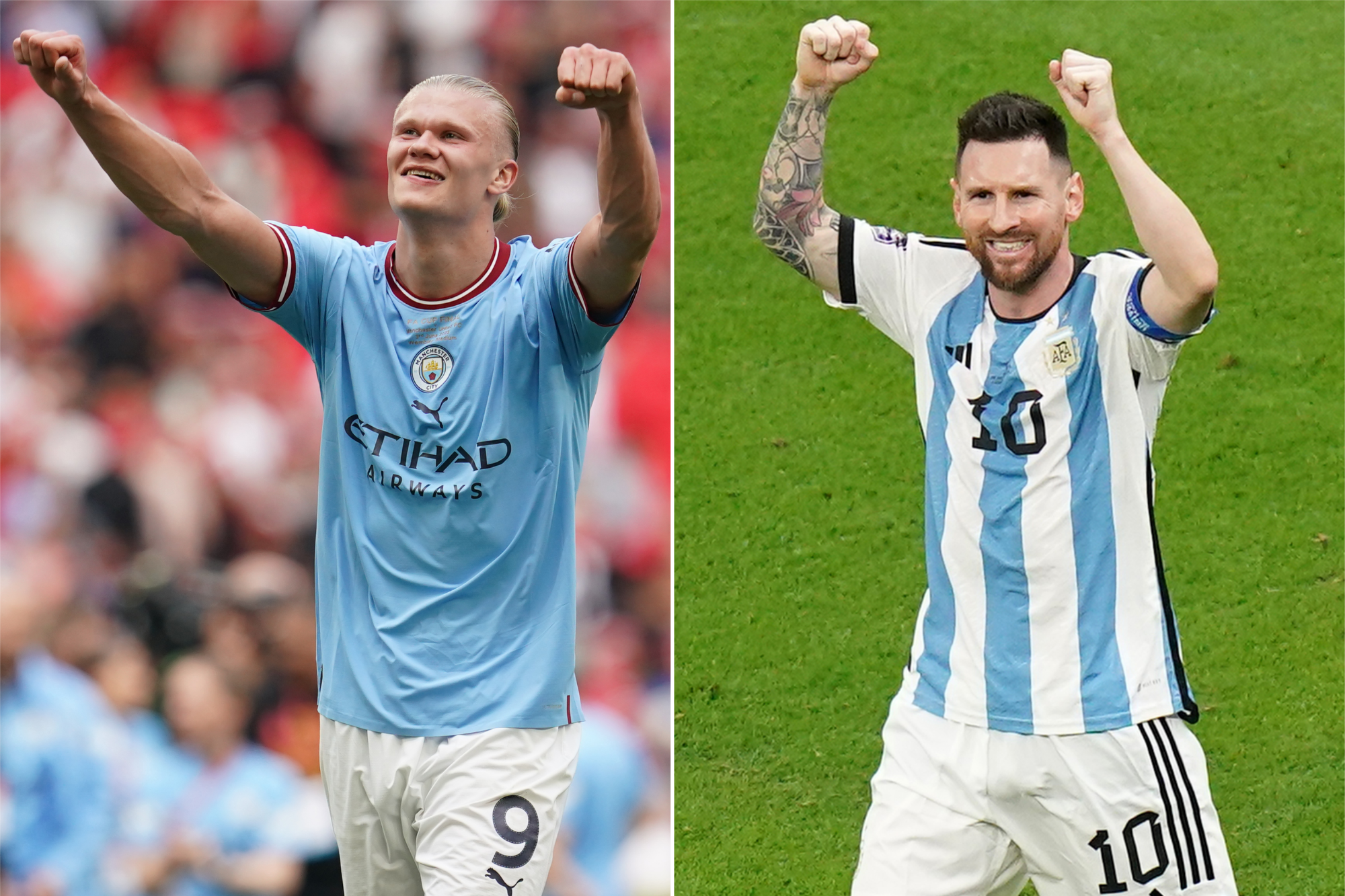 Pep Guardiola feels Erling Haaland, left, and Lionel Messi, right, each deserve to win the Ballon d’Or (Nick Potts/Adam Davy/PA)